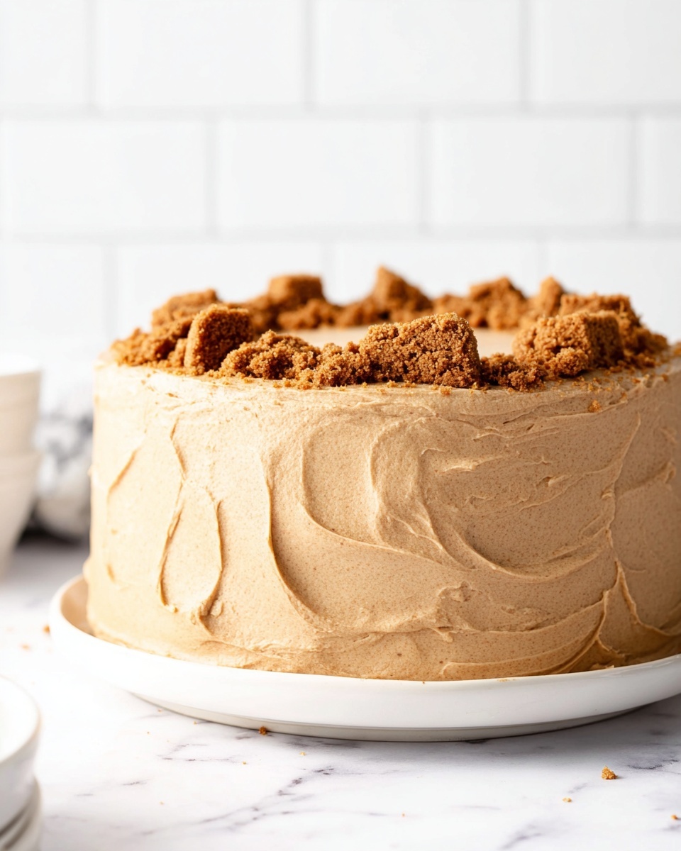 The image shows a round, two-layer cake covered in smooth, light brown frosting with visible swirls and texture from spreading. The cake is placed on a simple white plate, sitting on a white marbled surface. On top of the cake, there are small pieces of crumbled brown cookies scattered, adding a rough texture and contrast to the smooth frosting. The background is white with a tiled pattern, keeping the focus on the cake. photo taken with an iphone --ar 4:5 --v 7