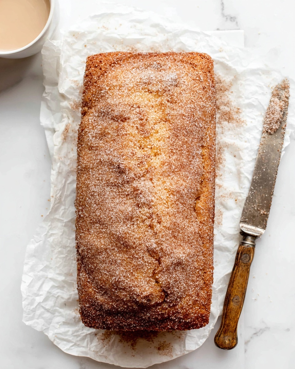The image shows a rectangular loaf of cake with a golden-brown crust covered in a layer of sugar and cinnamon, giving it a rough texture. The loaf rests on white parchment paper placed on a white marbled surface. To the right side of the loaf, there is an old silver-colored knife with a worn wooden handle lying flat. In the top left corner, part of a white cup filled with a foamy drink, possibly coffee or latte, is visible. The overall setting is bright with a clean, simple white marbled background. photo taken with an iphone --ar 4:5 --v 7