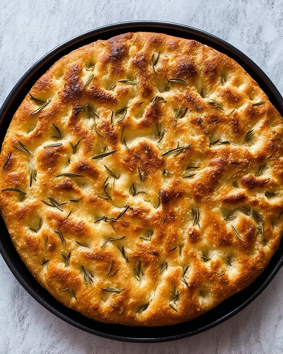 A round focaccia bread with a golden-brown crust sits on a black baking tray. The top layer shows small dimples filled with green rosemary sprigs scattered evenly across the surface. The crust has a slightly rough texture with a mix of golden and light brown shades. The bread looks thick and fluffy with an inviting soft inside visible through the dimples. The baking tray rests on a white marbled surface. photo taken with an iphone --ar 4:5 --v 7