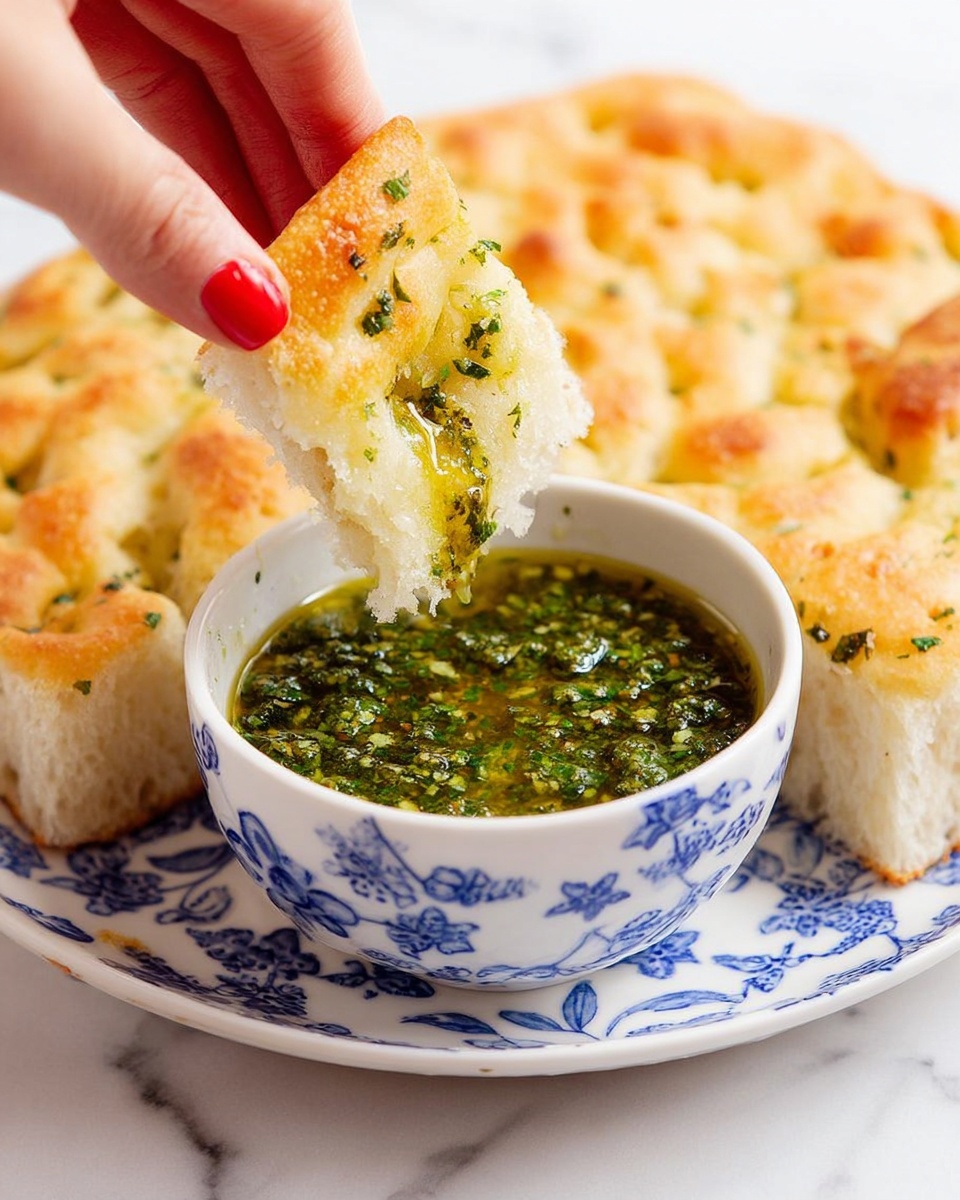 A close-up shot shows a woman's hand with red nail polish dipping a thick, airy piece of golden brown focaccia bread into a small white bowl filled with green herb sauce with visible bits of herbs and a slight oily shine. The bowl has a blue floral pattern around its edge. Around the bowl, there are two large pieces of focaccia bread with a puffy, golden crust and soft, airy inside. Everything is set on a white marbled surface. photo taken with an iphone --ar 4:5 --v 7