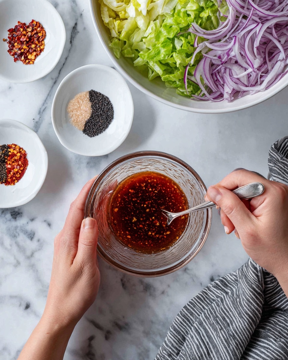 A pair of woman's hands hold a clear glass bowl filled with a reddish-brown sauce with visible spices stirred by a silver spoon. Above the bowl, there is a large white bowl with layers of chopped light green lettuce at the bottom, pale yellow pieces above it, and thinly sliced purple onions with white centers on top. To the side on a white marbled surface, there are three small white dishes, each containing different seasonings: black and white salt, dark purple flakes, and bright red chili flakes. A gray cloth with white stripes is partially visible near the bottom right corner. photo taken with an iphone --ar 4:5 --v 7