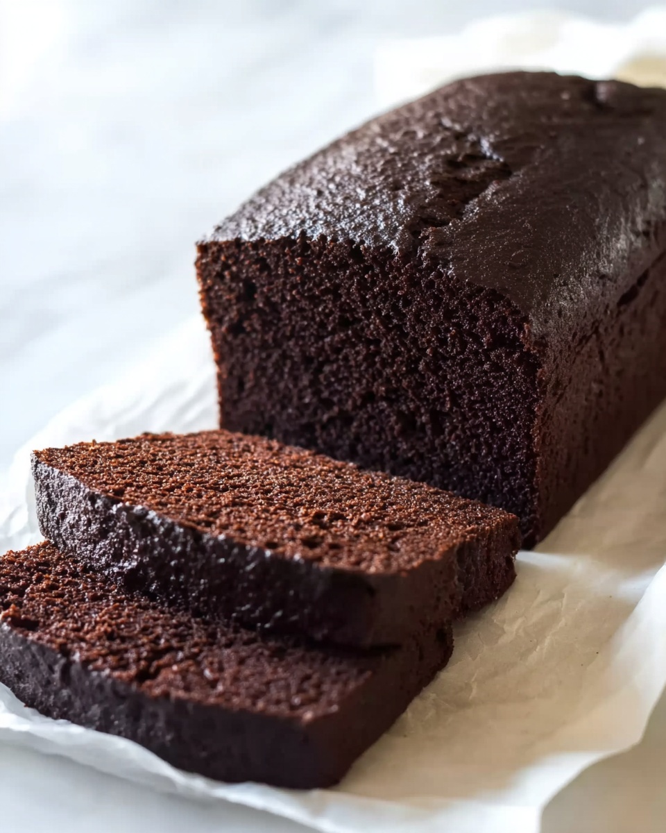 The image shows a dark brown chocolate loaf cake with a soft, moist texture. It has one thick layer, with a slightly rough top crust that looks baked and firm. The cake is placed on white parchment paper on a white marbled surface. Two slices are cut in front of the main loaf, showing the inside which is dense and evenly textured. The lighting is natural, highlighting the rich color and crumb detail of the cake. photo taken with an iphone --ar 4:5 --v 7