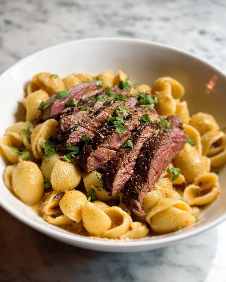 The dish shows a white bowl with a layer of shell pasta at the bottom, light golden yellow and smooth. On top of the pasta lies a sliced steak, cooked medium rare, showing brown outside with pink inside. The steak is arranged in the middle, topped with small bits of green herbs scattered around for color. The background is a white marbled surface. photo taken with an iphone --ar 4:5 --v 7