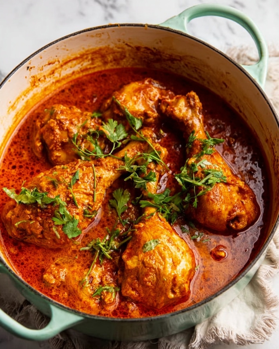 A light green pot filled with rich-looking drumsticks and large chicken pieces covered in thick, deep orange sauce with some shiny spots from the oil. On top of the chicken, there are fresh green herb leaves scattered around, adding a fresh touch. The sauce looks smooth but with some small chunks, giving it a textured feel. The pot is placed on a white marbled surface. Photo taken with an iphone --ar 4:5 --v 7