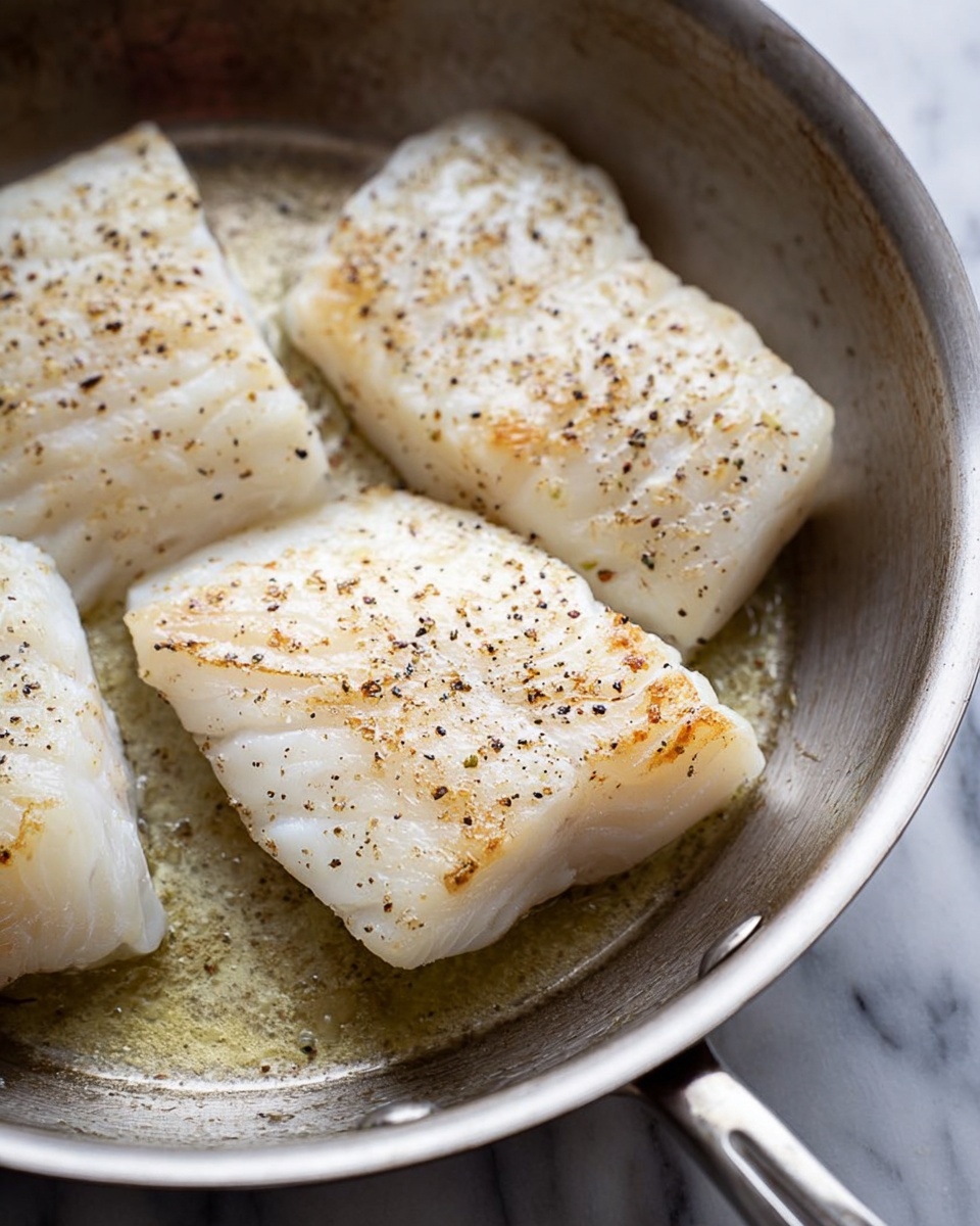 The image shows three pieces of white fish fillets cooking in a silver pan, each fillet light in color with a soft, smooth texture and sprinkled with black pepper. The fillets are positioned close together, filling most of the pan, which has a shiny metal surface reflecting light. The background is a white marbled texture, giving a clean and bright look to the scene. The fish pieces appear tender and moist, with slight browning on the edges. Photo taken with an iphone --ar 4:5 --v 7