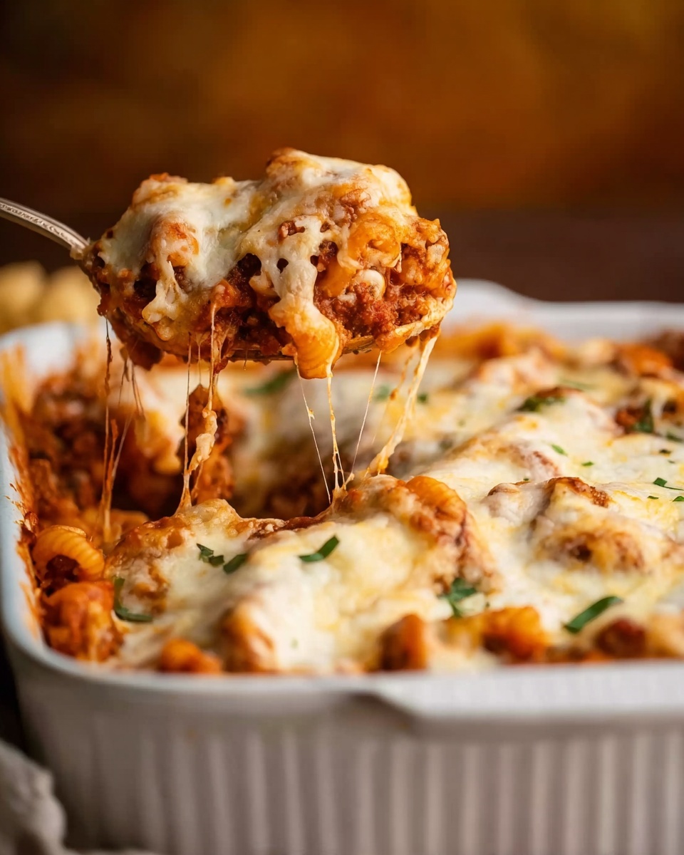 A close-up view of a white baking dish filled with a layered pasta casserole. The bottom layer shows small pasta shapes mixed with a rich red tomato meat sauce that has a chunky texture. Above that is a thick layer of melted, creamy white cheese that is soft and slightly browned in spots. A woman's hand is lifting a spoonful of the casserole, showing melted cheese pulling in strings from the pasta and sauce, with some small green herb bits sprinkled on top. The background has a soft focus with warm, brown tones. Photo taken with an iphone --ar 4:5 --v 7
