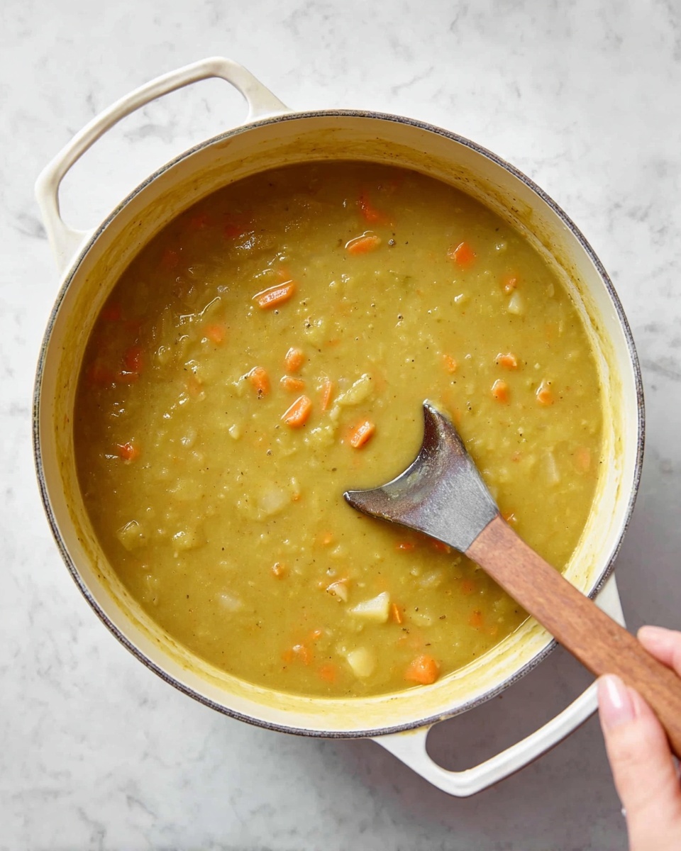 A white pot filled with thick yellowish-green soup with visible small pieces of orange carrot and pale potato dispersed throughout. A woman's hand holds a wooden spoon with a dark gray metal scoop, stirring the soup near the center right of the pot. The pot sits on a white marbled surface. photo taken with an iphone --ar 4:5 --v 7