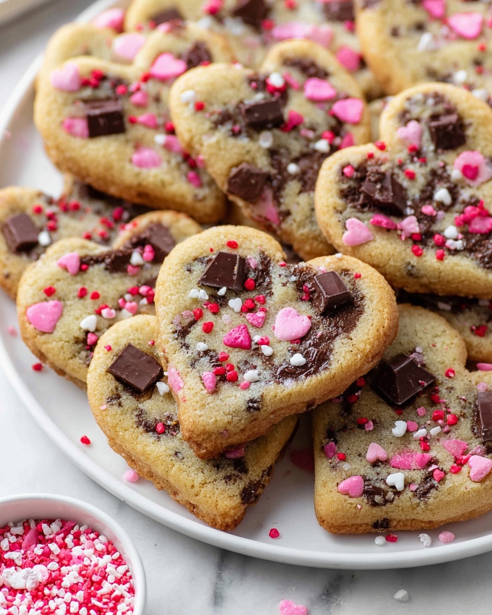 The image shows a close-up of heart-shaped cookies stacked on a white plate over a white marbled surface. Each cookie has a golden-brown base dotted with dark melted chocolate chunks scattered throughout, some chunks slightly sunken into the dough. Bright pink, red, and white small sprinkle decorations are scattered on top of the cookies, adding pops of color. The cookies have a slightly rough, soft texture with edges not sharply defined but gently rounded. In the bottom corner, there is a small bowl with more pink and white sprinkles, partially in frame. Photo taken with an iphone --ar 4:5 --v 7