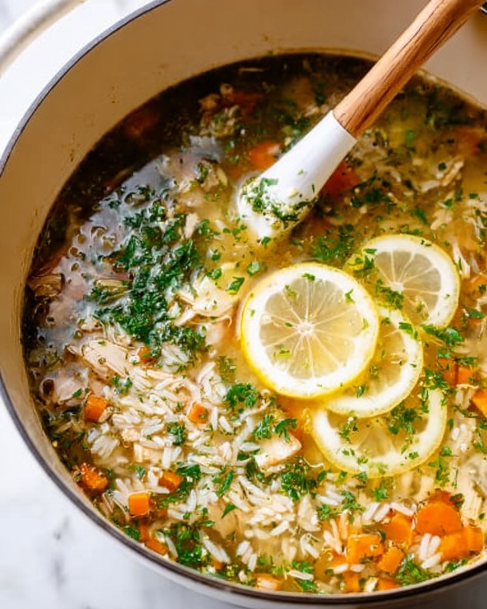 A white pot filled with a clear broth soup that has three visible layers: the bottom layer is small pieces of white rice submerged in the broth; the middle layer is a mix of chopped orange carrots and green herbs scattered throughout; the top layer includes two thinly sliced lemon rounds floating along with finely chopped green herbs on the surface. A wooden spoon with a white tip is partially dipped into the soup, resting on the edge of the pot. The pot is placed on a white marbled surface. photo taken with an iphone --ar 4:5 --v 7