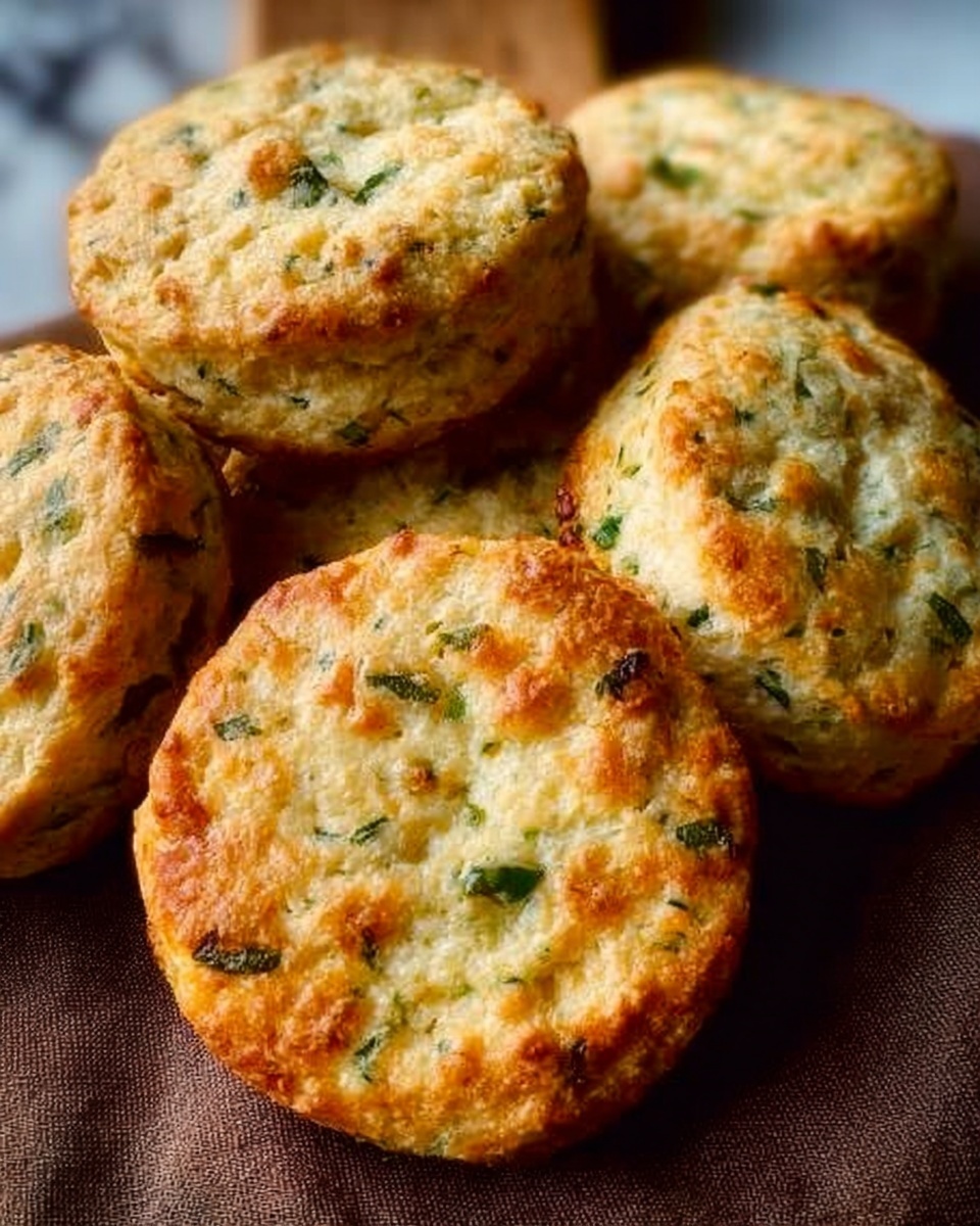 The image shows round biscuits with a golden brown top and specks of green herbs throughout. The biscuits have a slightly rough texture with visible small lumps and cracks, indicating a soft inside. They are arranged on a dark brown cloth, and the background has a white marbled texture. The biscuits look fluffy and freshly baked with a warm, inviting color. photo taken with an iphone --ar 4:5 --v 7