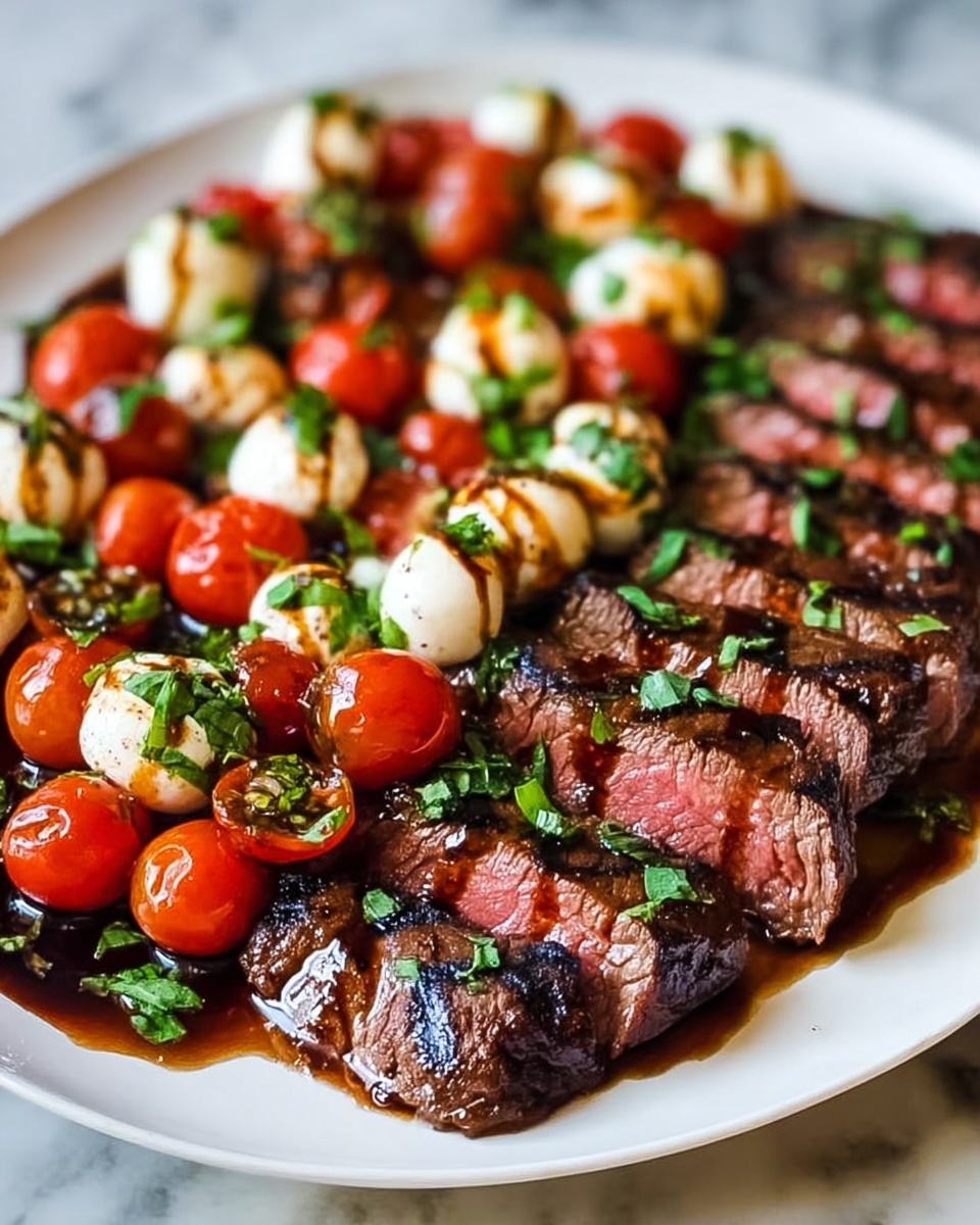 A white plate holds a sliced steak with a dark, grilled outer layer and a pink, juicy inside, arranged in a row on the bottom left side. On top and to the right of the steak are small round pieces of white mozzarella and bright red cherry tomatoes, both lightly grilled and drizzled with a dark balsamic glaze. Green chopped herbs are scattered across the steak and cheese, adding a fresh contrast to the rich colors. The plate rests on a white marbled surface. photo taken with an iphone --ar 4:5 --v 7