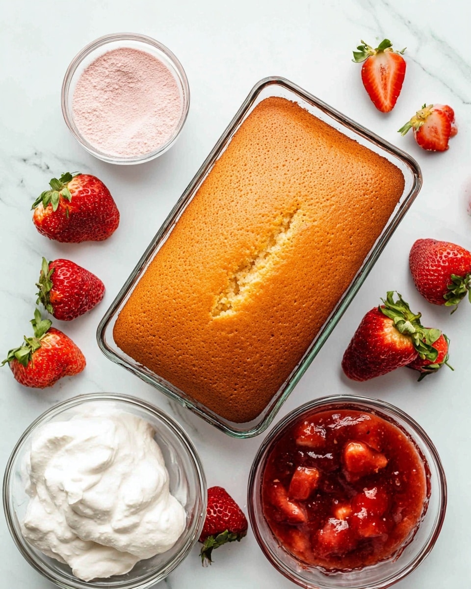 A golden-brown rectangular cake with a light, slightly bumpy texture on top sits in a clear glass baking dish centered on a white marbled surface. Around the dish, there are fresh whole strawberries and halved strawberries scattered. Below the cake, there is a bowl of white whipped cream with a light and fluffy texture, next to a bowl of rich red strawberry sauce with visible chunks of strawberries. To the upper left of the cake, a small glass bowl holds a fine pink powder. The overall scene is bright and clean. photo taken with an iphone --ar 4:5 --v 7
