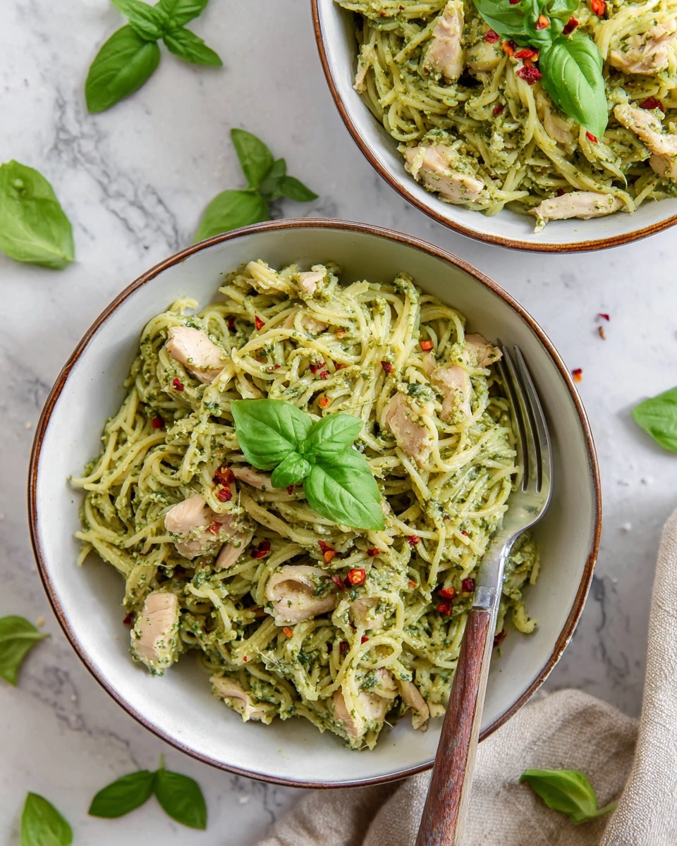 This image shows two bowls filled with a green pesto pasta mixed with light-colored pieces of cooked chicken. The pasta strands are thin and coated evenly with a bright green pesto sauce. The chicken pieces are scattered throughout, light beige and tender looking. Each bowl is garnished with fresh green basil leaves on top and sprinkled with small red chili flakes for color contrast. A silver fork with a wooden handle rests inside the bowl in the foreground. The bowls are white with a subtle brown rim and placed on a white marbled surface, surrounded by loose basil leaves and a folded beige cloth napkin. photo taken with an iphone --ar 4:5 --v 7