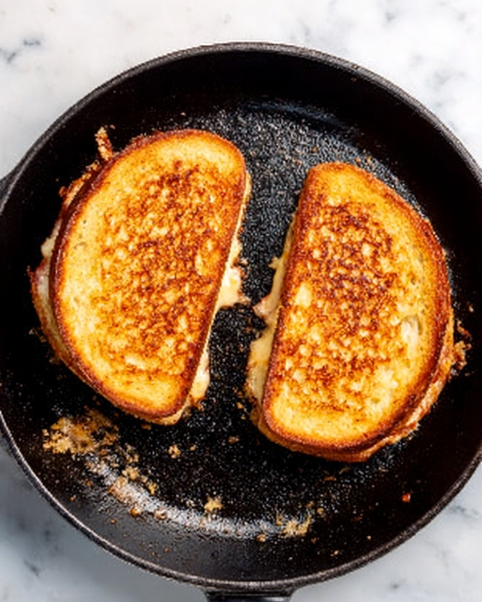 Two golden brown grilled cheese sandwiches with melted cheese visible inside, placed side by side in a black skillet with slight browning and crumbs around the edges; the texture of the bread looks crunchy and toasted evenly on both sides. The skillet sits on a white marbled surface. Photo taken with an iphone --ar 4:5 --v 7