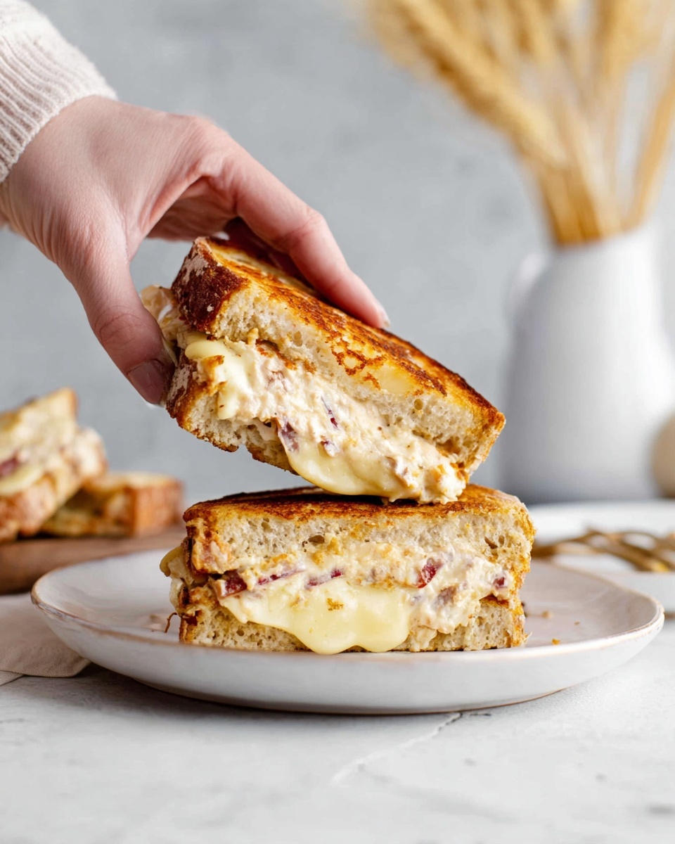 The image shows a toasted sandwich with two halves stacked on a white plate on a white marbled surface. The bottom layer is golden brown toasted bread, followed by a thick creamy filling with bits of red and green, likely onion and herbs. Above the filling is a smooth pale yellow melted cheese layer. The top slice of bread is also golden brown toasted. A woman's hand is lifting one half of the sandwich, showing the inside layers clearly. The background is softly blurred with a white vase holding dried wheat stalks. Photo taken with an iphone --ar 4:5 --v 7