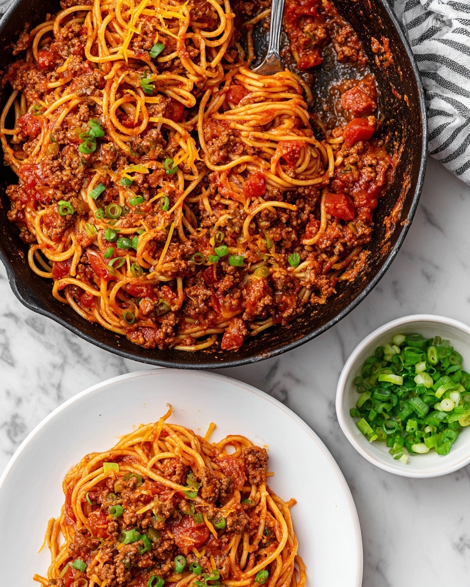 A black skillet filled with spaghetti mixed in a rich red tomato sauce with chunky ground meat, small tomato pieces, shredded orange cheese, and green sliced onions scattered on top; next to it on a white plate is a serving of the spaghetti with meat and sauce, also topped with green onions, showing thick noodles tangled with the sauce and meat. Above these, two small white bowls contain crispy brown bacon pieces and bright green chopped onions, all placed on a white marbled surface. photo taken with an iphone --ar 4:5 --v 7