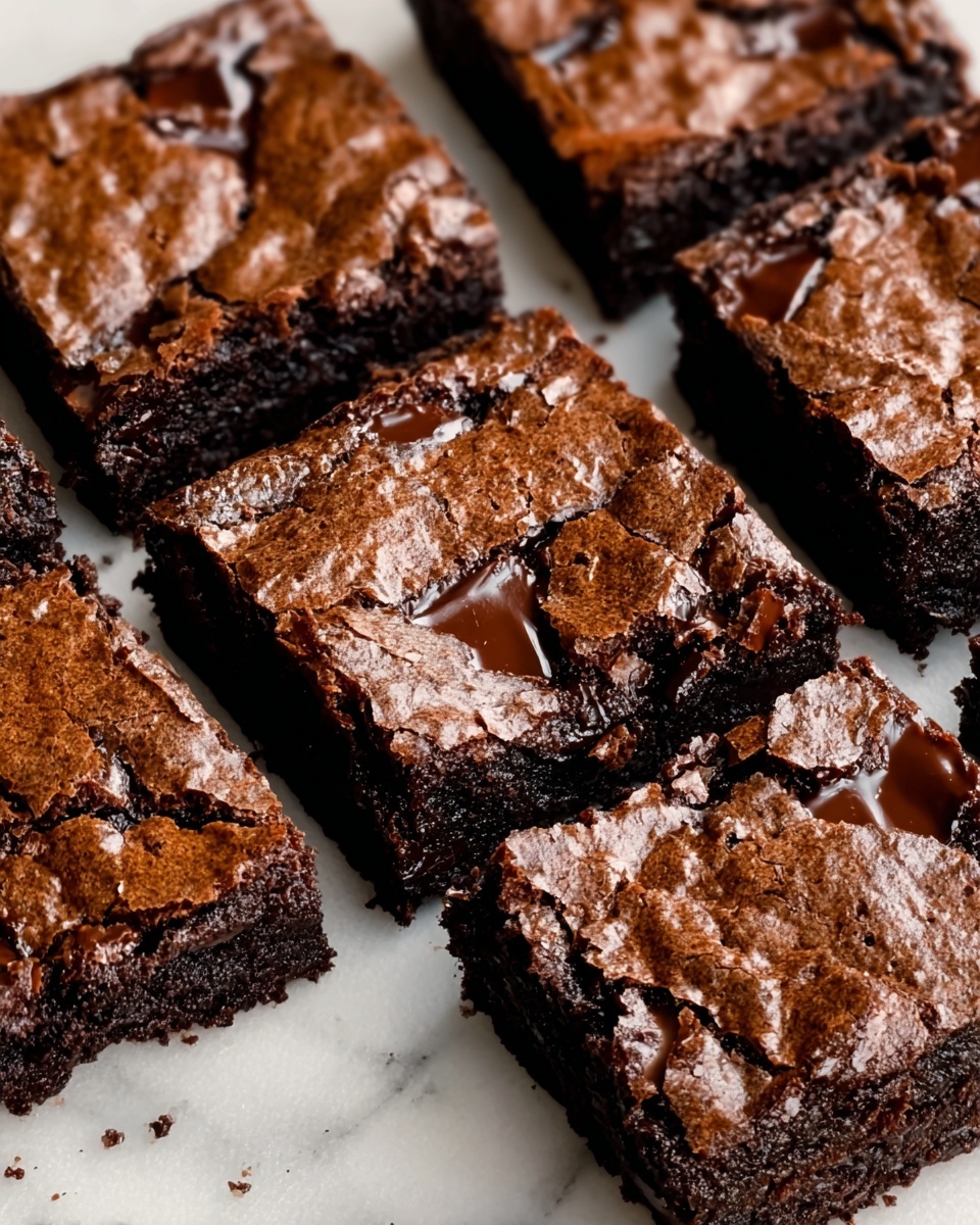 The image shows nine square pieces of rich chocolate brownies arranged in a 3 by 3 grid on a white marbled surface. Each brownie has a dark brown top with a shiny, slightly cracked texture and visible chunks of melted chocolate scattered throughout. The edges of the brownies look firm, while the inside appears moist and soft. The brownies are close together, with small gaps between them that show the marbled surface underneath. The lighting highlights the glossy texture on the top and gives the brownies a fresh, warm appearance. photo taken with an iphone --ar 4:5 --v 7