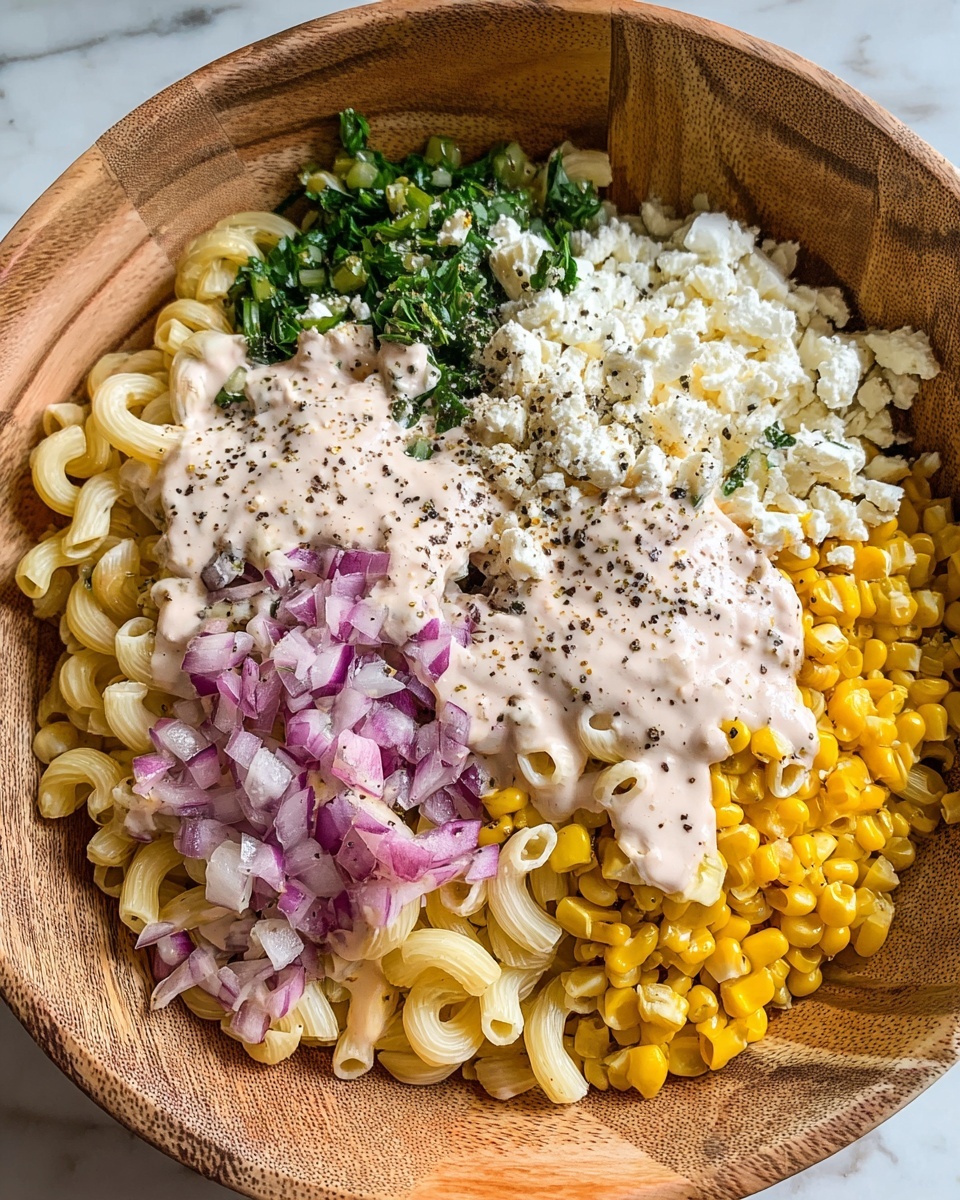 A close-up view of a bowl with five distinct layers arranged side by side: bright green chopped herbs on the far left, followed by pale macaroni pasta covered with creamy light pink sauce sprinkled with black pepper, next to a crumble of white cheese also draped in sauce, then a pile of bright yellow cooked corn with some cream sauce on top, and on the far right, finely chopped red onions with a few pieces of white cheese on them; all contained in a textured light wood bowl sitting on a white marbled surface. Photo taken with an iphone --ar 4:5 --v 7