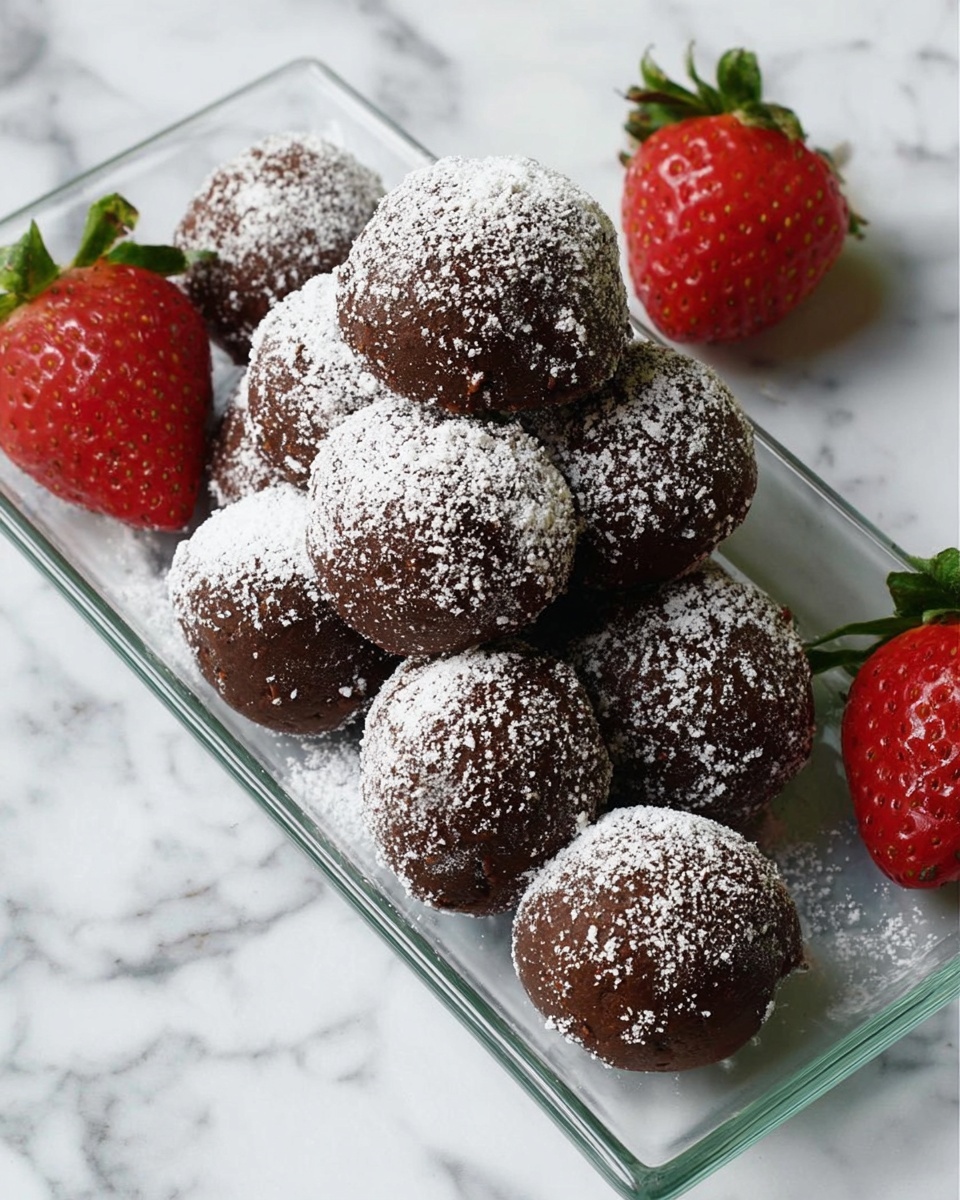A clear rectangular glass plate on a white marbled surface holds a pile of round, dark brown chocolate balls dusted with white powdered sugar. There are about ten chocolate balls stacked closely together in the middle of the plate. On both the top right and bottom left corners of the plate, a fresh red strawberry with green leaves is placed, adding a pop of bright color to the scene. The texture of the chocolate balls looks soft and slightly rough under the powdered sugar. photo taken with an iphone --ar 4:5 --v 7