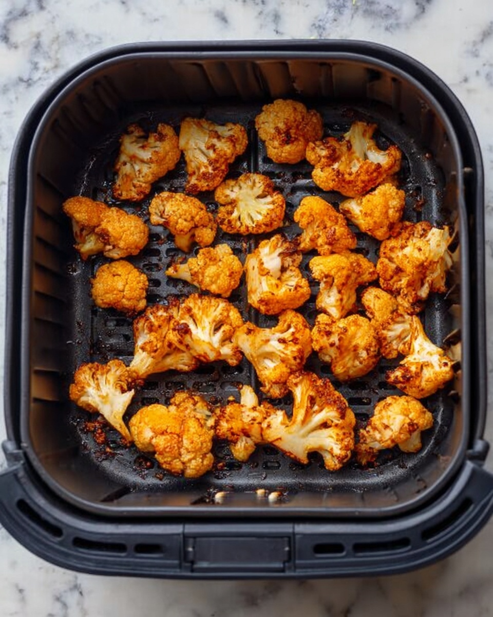 The image shows a black air fryer basket filled with evenly spaced golden-orange roasted cauliflower pieces. Each cauliflower piece has a slightly crispy texture with charred spots, giving a roasted appearance. The basket has small holes throughout to allow air flow, and the background is a white marbled texture. The photo taken with an iphone --ar 4:5 --v 7