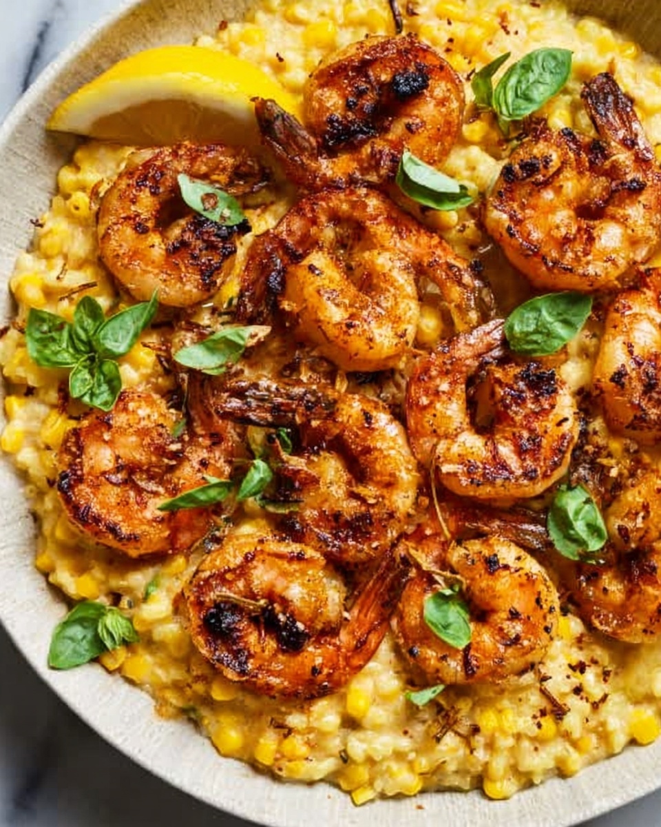 The image shows a white plate filled with golden shrimp arranged on top of a creamy yellow corn and rice mix. The shrimp are cooked with a charred, slightly dark orange color and visible seasoning. Small green basil leaves are scattered on top for a fresh touch. A wedge of lemon sits on the edge of the plate, adding brightness. The plate is set on a white marbled textured surface. Photo taken with an iphone --ar 4:5 --v 7