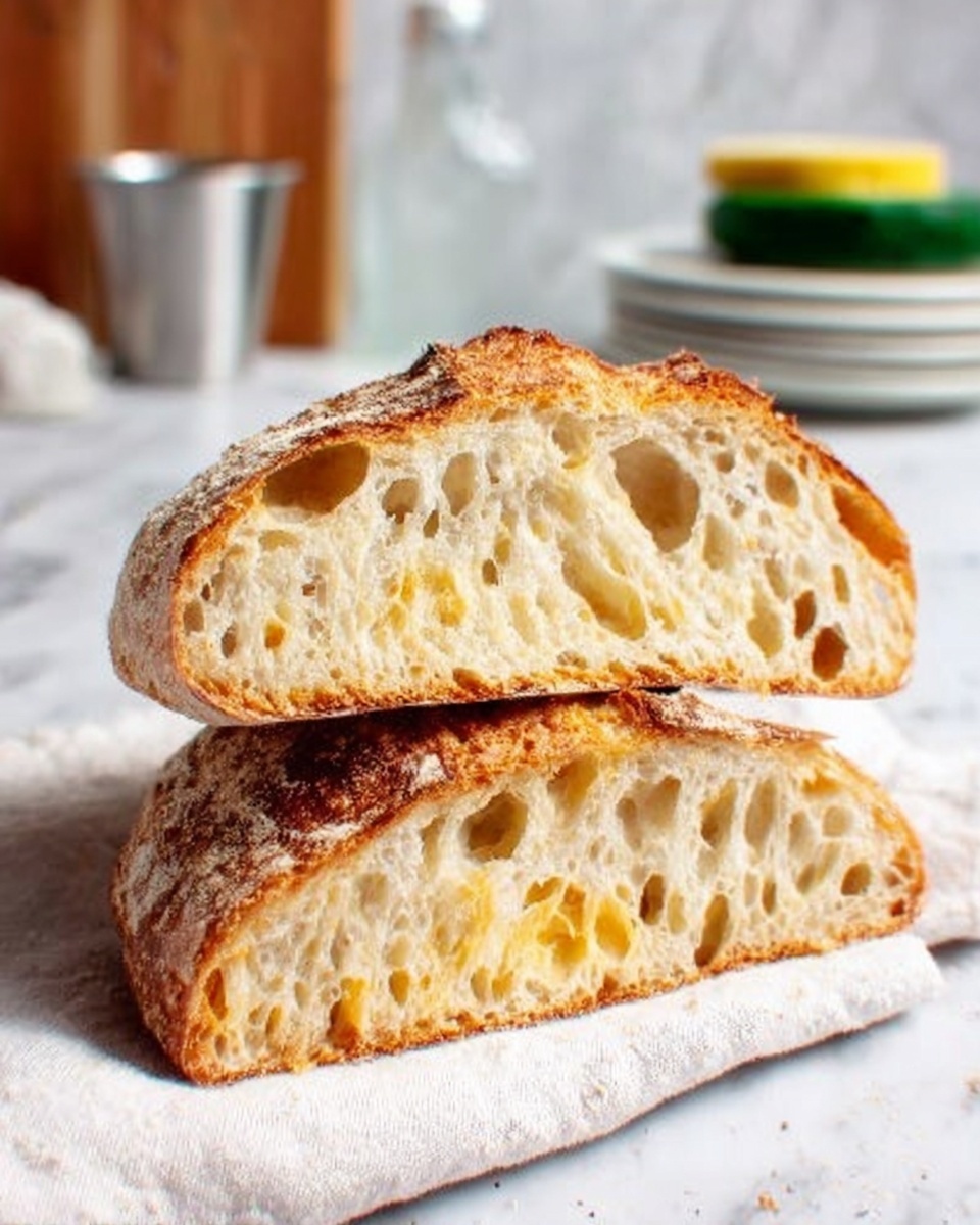 The image shows two thick slices of rustic bread stacked on top of each other on a white cloth. The bread has a golden-brown crust with a crispy texture, and the inside is light, airy, and full of uneven holes. The background features a white marbled surface with blurred kitchen items, including a small metal cup and some stacked white plates with a green and yellow object on top. The lighting is soft and natural, highlighting the bread's texture and color. Photo taken with an iphone --ar 4:5 --v 7