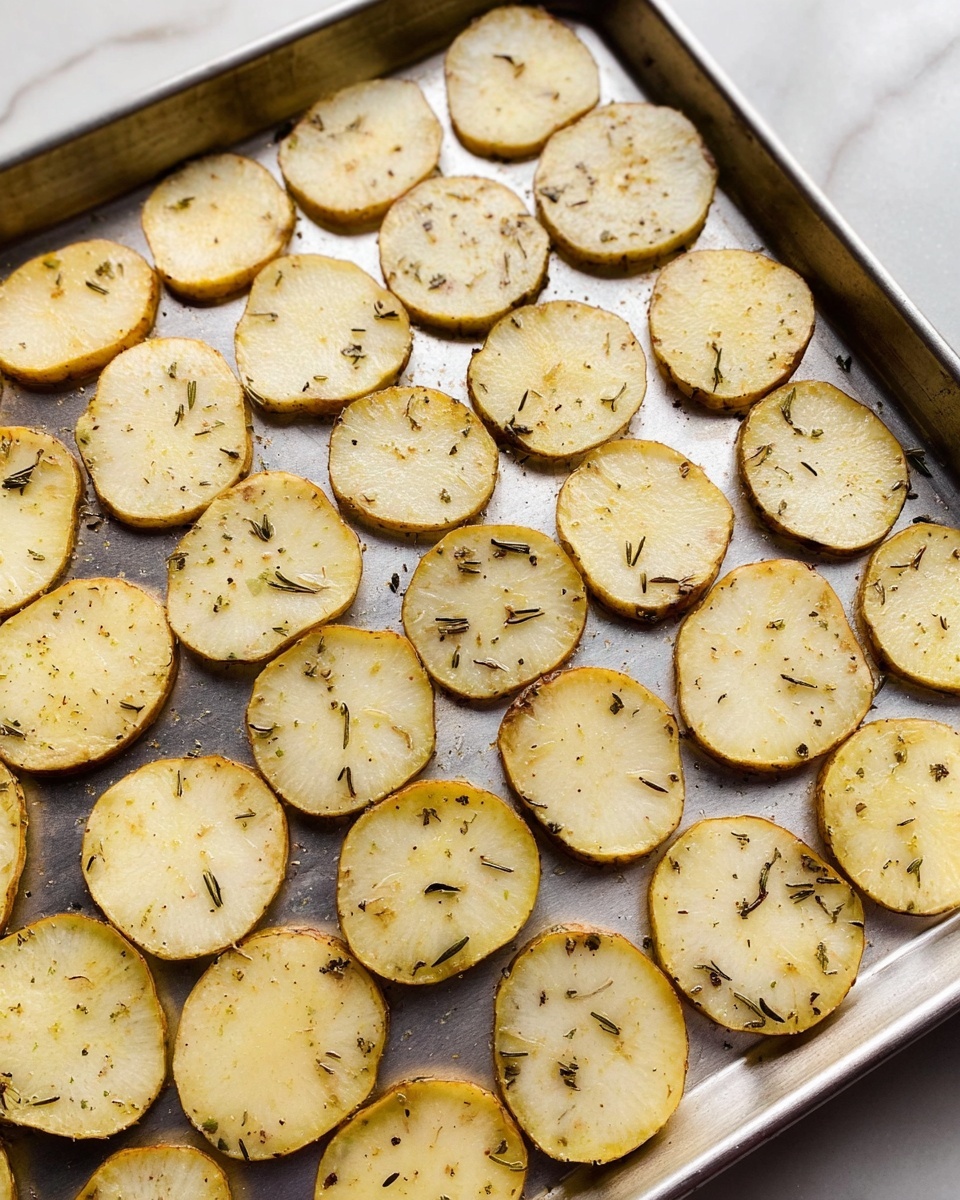 The image shows a single layer of thin potato slices spread evenly on a baking tray. Each slice is pale yellow with small flecks of herbs and black pepper scattered on their surfaces, giving a lightly seasoned look. The edges of the slices have a slightly browned tint, showing some gentle cooking or roasting. The tray has a smooth metallic texture and is lying on a white marbled surface. photo taken with an iphone --ar 4:5 --v 7