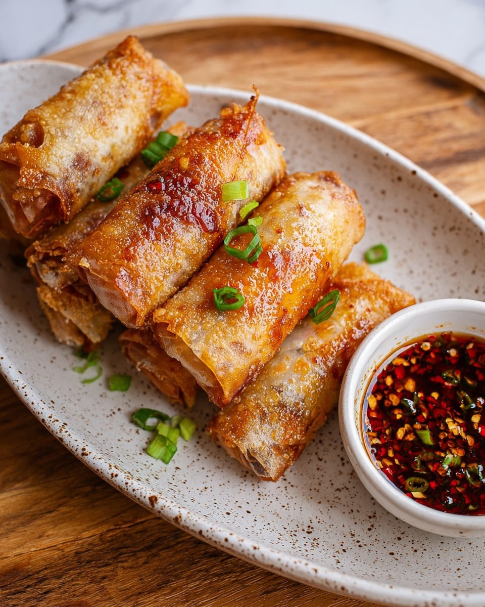 A white speckled oval plate holds a stack of six crispy spring rolls that have a golden-brown, shiny, and slightly blistered surface texture. Small green onion slices are scattered on and around the spring rolls. To the right side of the plate, there is a small white bowl filled with dark red chili dipping sauce, sprinkled with chili flakes and chopped herbs. The plate sits on a wooden table with a white marbled background visible in the frame. The photo is taken with an iphone --ar 4:5 --v 7