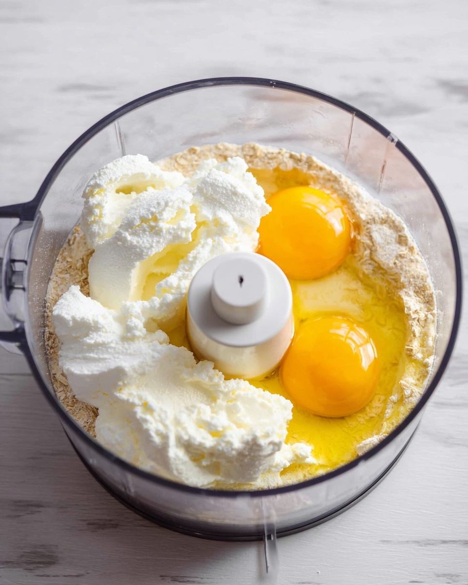 A clear round food processor bowl sits on a white marbled surface, containing three main visible layers. The bottom layer is made of dry oats with a light beige, slightly rough texture. On top of that, two raw eggs with bright yellow yolks and clear whites rest side by side, their shiny surfaces reflecting light. Surrounding and partly covering the eggs are dollops of soft, white ricotta cheese, appearing fluffy and creamy in texture. The food processor’s white center blade stands upright in the middle of the bowl. Photo taken with an iphone --ar 4:5 --v 7