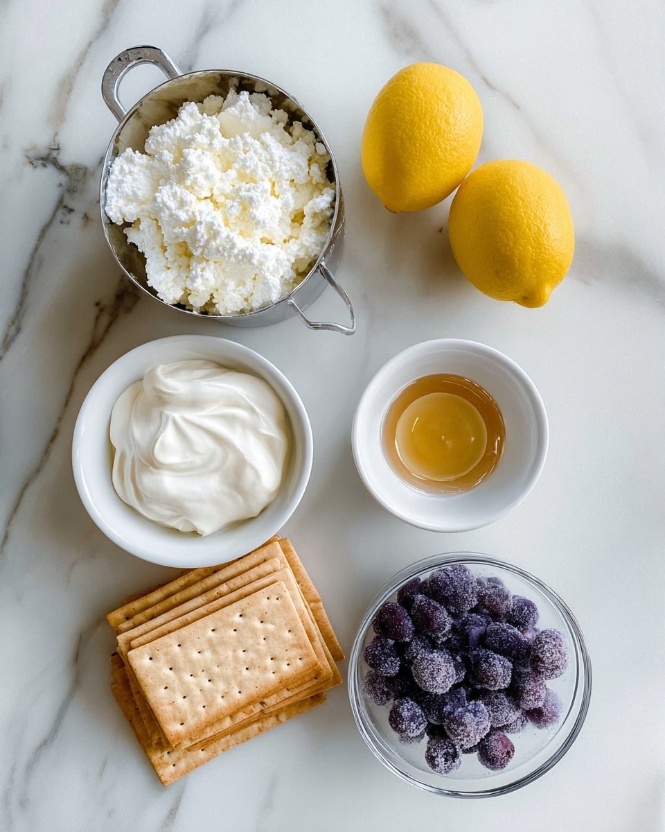 The image shows six items arranged on a white marbled surface. At the top left, there is a metal measuring cup filled with white cottage cheese with a slightly lumpy texture. To the right of it, two whole yellow lemons are placed next to each other. Below the measuring cup, a small white bowl holds thick, creamy Greek yogurt with soft peaks. Next to this bowl on the right, there is a small clear glass bowl with honey, showing its smooth, golden liquid inside. Below the yogurt bowl, another white bowl contains a stack of rectangular whole crackers, golden brown with tiny holes on top. Finally, at the bottom right, a clear bowl is filled with round, deep purple frozen blueberries, with a frosty texture visible on their surface. The scene is well lit, and the background is clean and simple. photo taken with an iphone --ar 4:5 --v 7