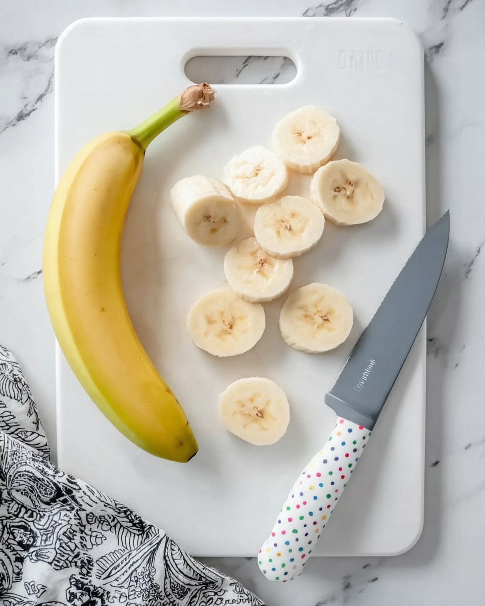 The image shows a white cutting board with a peeled banana half on the left, the peeled banana still attached to the green-yellow skin. To the right of it are several round banana slices neatly arranged, showing a soft cream color with small dark seeds in the center. Next to the slices, on the right side of the cutting board, is a gray-handled knife with colorful dots. The cutting board rests on a white marbled surface, and part of a black and white patterned cloth is below the board on the left. Photo taken with an iphone --ar 4:5 --v 7
