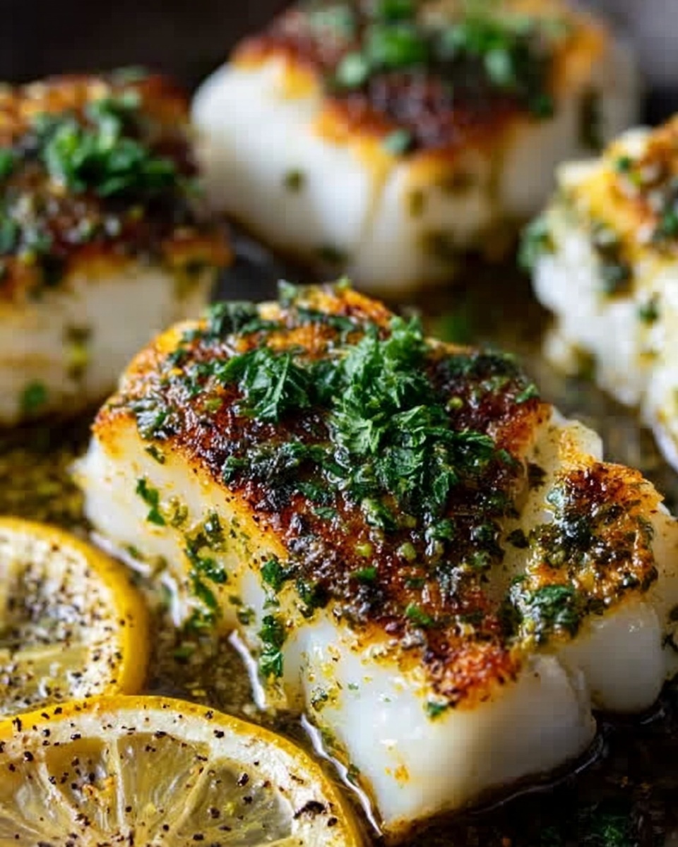 Four thick, golden-browned fish fillets with crispy edges fill a pan, covered with melted cheese that is bubbly and slightly browned, sprinkled with fresh chopped green herbs and red chili flakes. The fillets rest in oil mixed with small herb pieces, and a half lemon with pale yellow flesh sits near the bottom left corner. The background is a white marbled texture. photo taken with an iphone --ar 4:5 --v 7