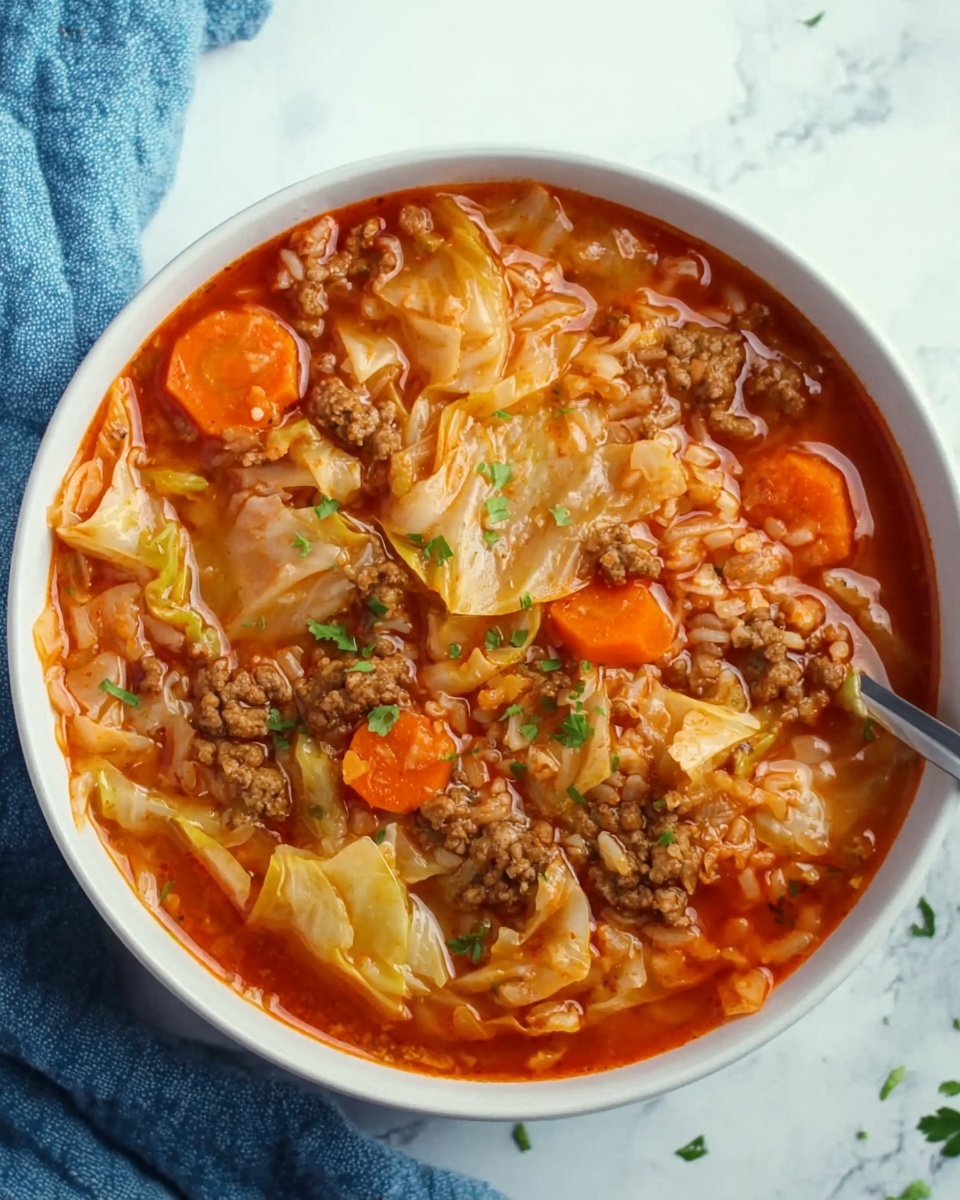 The image shows a close-up of a white pot filled with a thick stew with many layers. The stew has a bright orange-red sauce base, with chunks of light brown cooked meat spread evenly across the dish. There are pieces of soft, pale yellow cabbage and slices of orange carrot mixed through the stew. Small, fresh green parsley leaves are scattered on top, adding a pop of color. The pot rests on a white marbled surface, and there is a bunch of fresh green herbs in the background. photo taken with an iphone --ar 4:5 --v 7