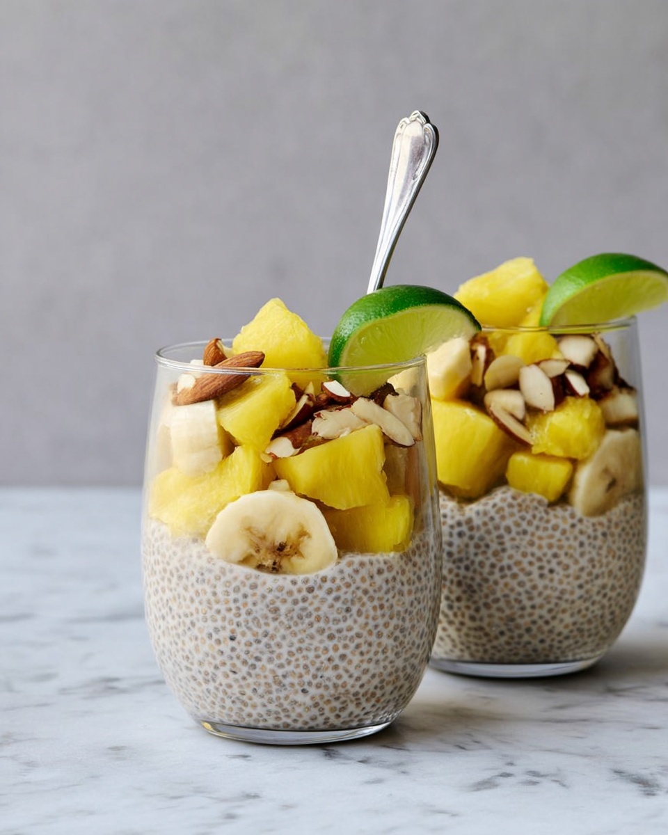 Two clear glass cups filled with three layers are shown on a white marbled surface. The bottom layer is a creamy chia seed pudding with a light beige color and small seed texture. On top of this is a layer of fresh fruit pieces, including bright yellow pineapple chunks and pale yellow banana slices arranged compactly with some brown almonds mixed in. Each cup is garnished with a green lime wedge on the rim. A silver spoon stands upright in the right cup. The background is a soft gray color. Photo taken with an iphone --ar 4:5 --v 7