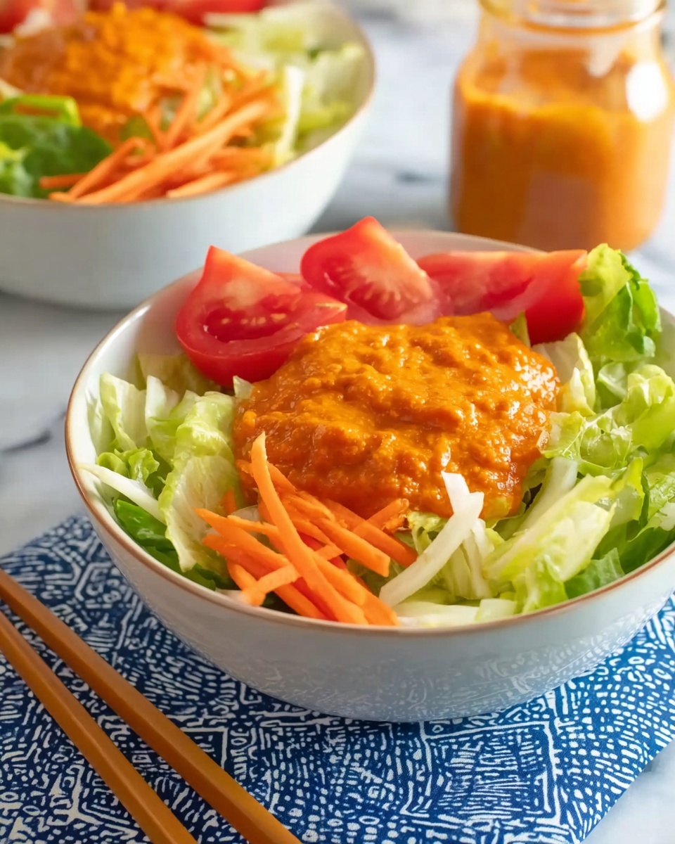 The image shows a white bowl filled with a fresh salad on a white marbled surface. The salad has a base layer of pale green chopped lettuce. On top, there are bright orange carrot strips arranged loosely and several red tomato wedges placed around the edges. In the center of the salad sits a thick layer of orange dressing or sauce with a slightly chunky texture. Behind this bowl, there is another similar bowl of salad and a glass container with more orange dressing. Wooden chopsticks rest nearby on a blue patterned cloth. Photo taken with an iphone --ar 4:5 --v 7