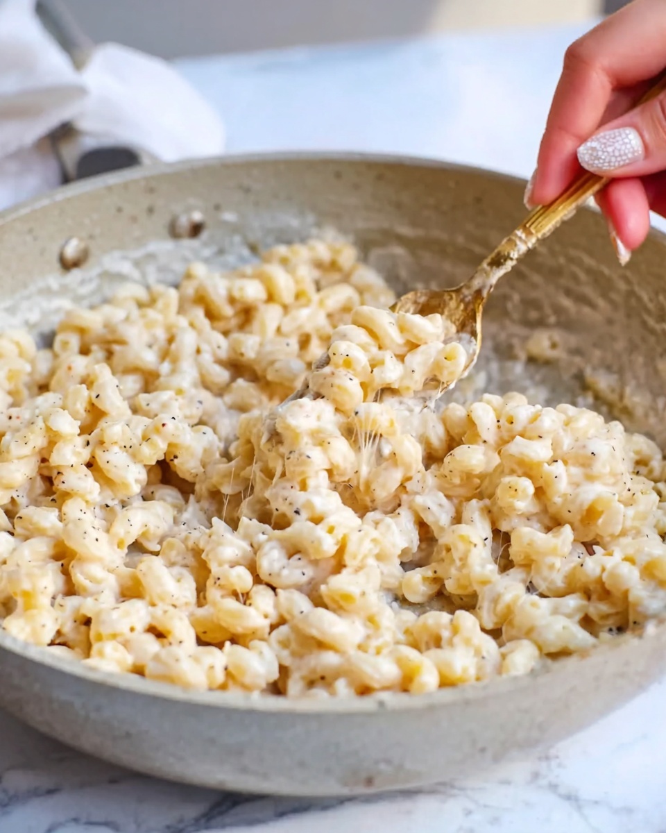 A close-up view of a light gray frying pan filled with creamy pasta. The pasta pieces are small and twisted, coated evenly in a smooth, white sauce with small black pepper specks visible. A woman's hand with clear, polished nails is seen on the right side, holding a fork that is lifting some pasta. The pan rests on a white marbled surface with a soft, bright background. The overall look is warm and inviting, showing a rich and simple creamy pasta dish photo taken with an iphone --ar 4:5 --v 7