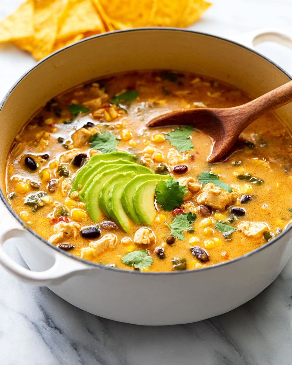 A white pot filled with three visible layers: a base of creamy orange soup mixed with yellow corn kernels and black beans, chunks of light tan cooked chicken, and pieces of green pepper spread evenly throughout. On the right side of the soup surface, there are a few bright green cilantro leaves and five thin slices of light green avocado laid out in a fan shape. A smooth, medium brown wooden spoon rests inside the pot on the right side. In the blurred background, yellow corn chips add a bright contrast, all set on a white marbled surface. Photo taken with an iphone --ar 4:5 --v 7