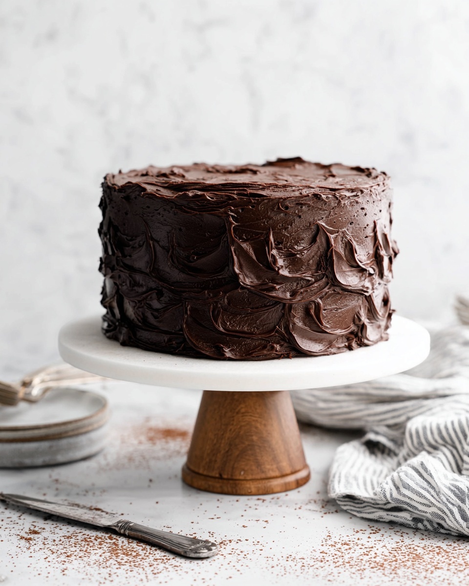 A thick, dark chocolate cake sits on a white cake stand with a wooden base. The cake has one visible layer, fully covered in rich, smooth chocolate frosting that has a textured, swirled pattern all around the sides. The top and edges show the same thick chocolate frosting with thick peaks and soft waves. The background and surface have a white marbled texture with scattered cocoa powder around the cake stand. A striped cloth and a silver utensil lie next to the stand. Photo taken with an iphone --ar 4:5 --v 7