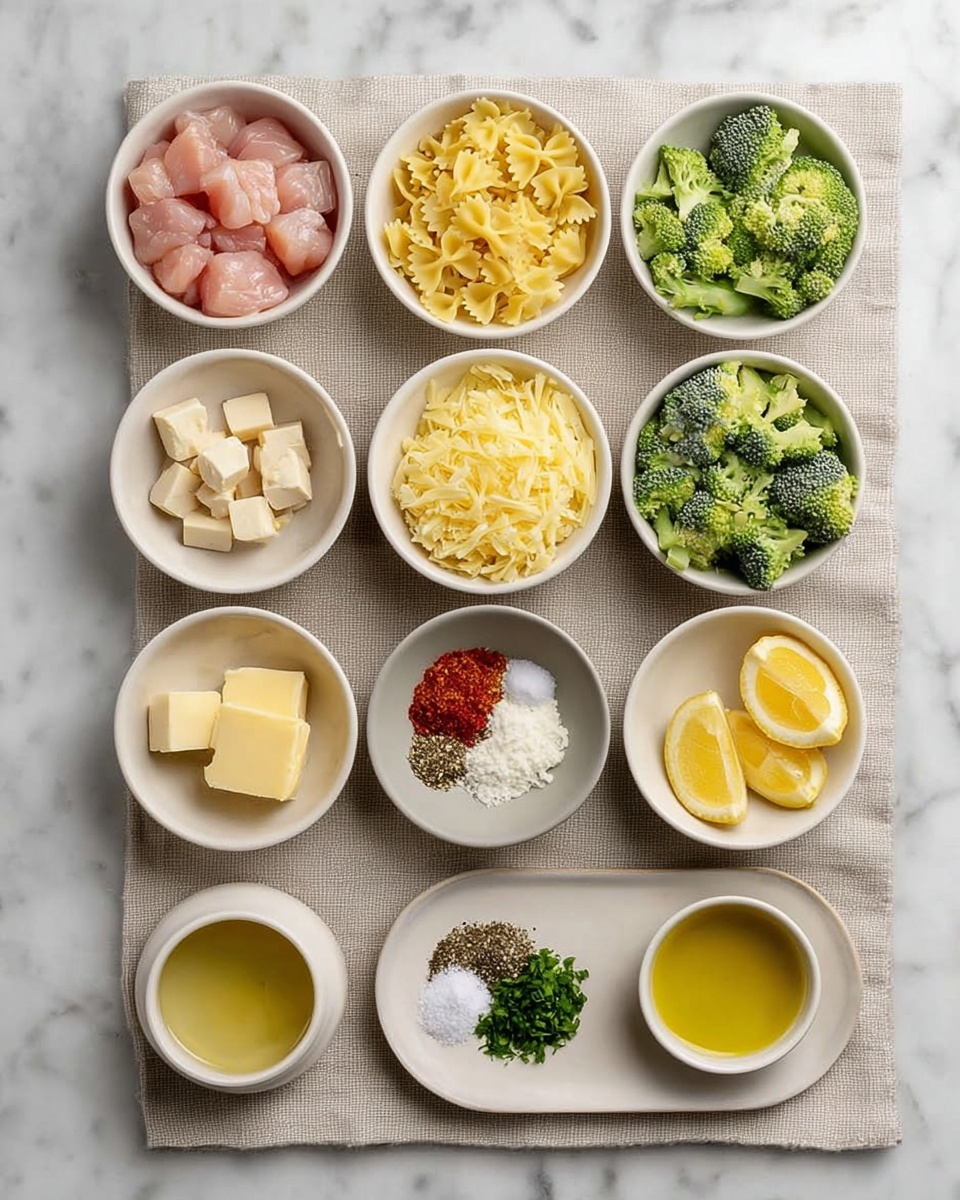 A neatly arranged top view of small white bowls containing various cooking ingredients placed on a folded beige cloth over a white marbled surface. The top row has three bowls with raw pink chicken chunks on the left, pale yellow farfalle pasta in the middle, and bright green broccoli florets on the right. Below them are four bowls: creamy pale yellow butter cubes, light golden oil, shredded yellow cheese, and smooth beige mustard. The next row has four bowls: two with loose red spices, small white cheese cubes, light green liquid, and finely chopped green herbs. The bottom row shows four bowls and a plate with coarse white salt, black pepper, pale yellow sauce, and two lemon wedges. photo taken with an iphone --ar 4:5 --v 7