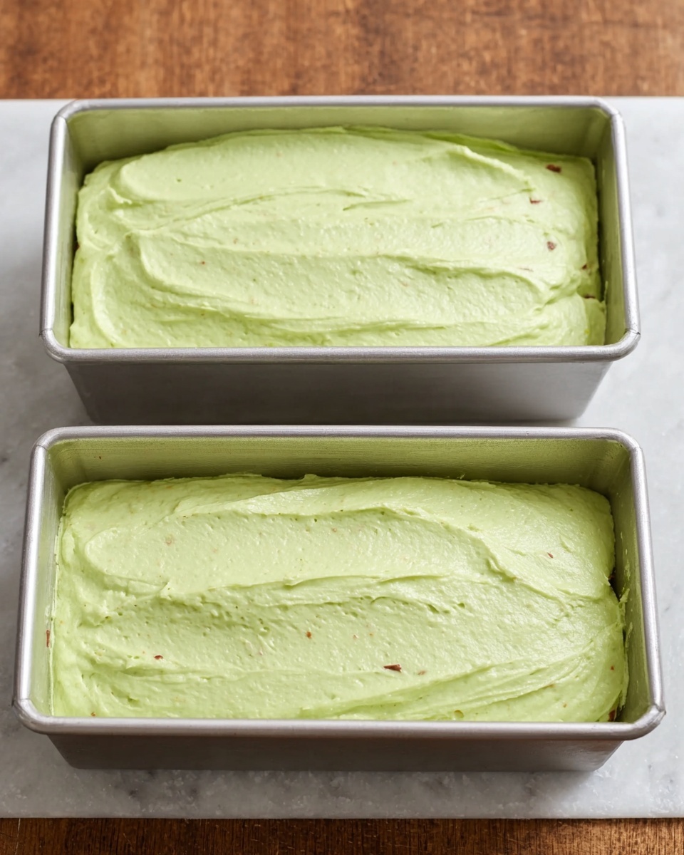 Two silver loaf pans filled with a smooth, light green batter that has a few small brown bits mixed in. The batter layer is even but shows slight swirls and soft peaks from being spread, filling the pans almost to the top. The pans rest on a white marbled surface, and the wood texture of the table is not visible. Photo taken with an iphone --ar 4:5 --v 7