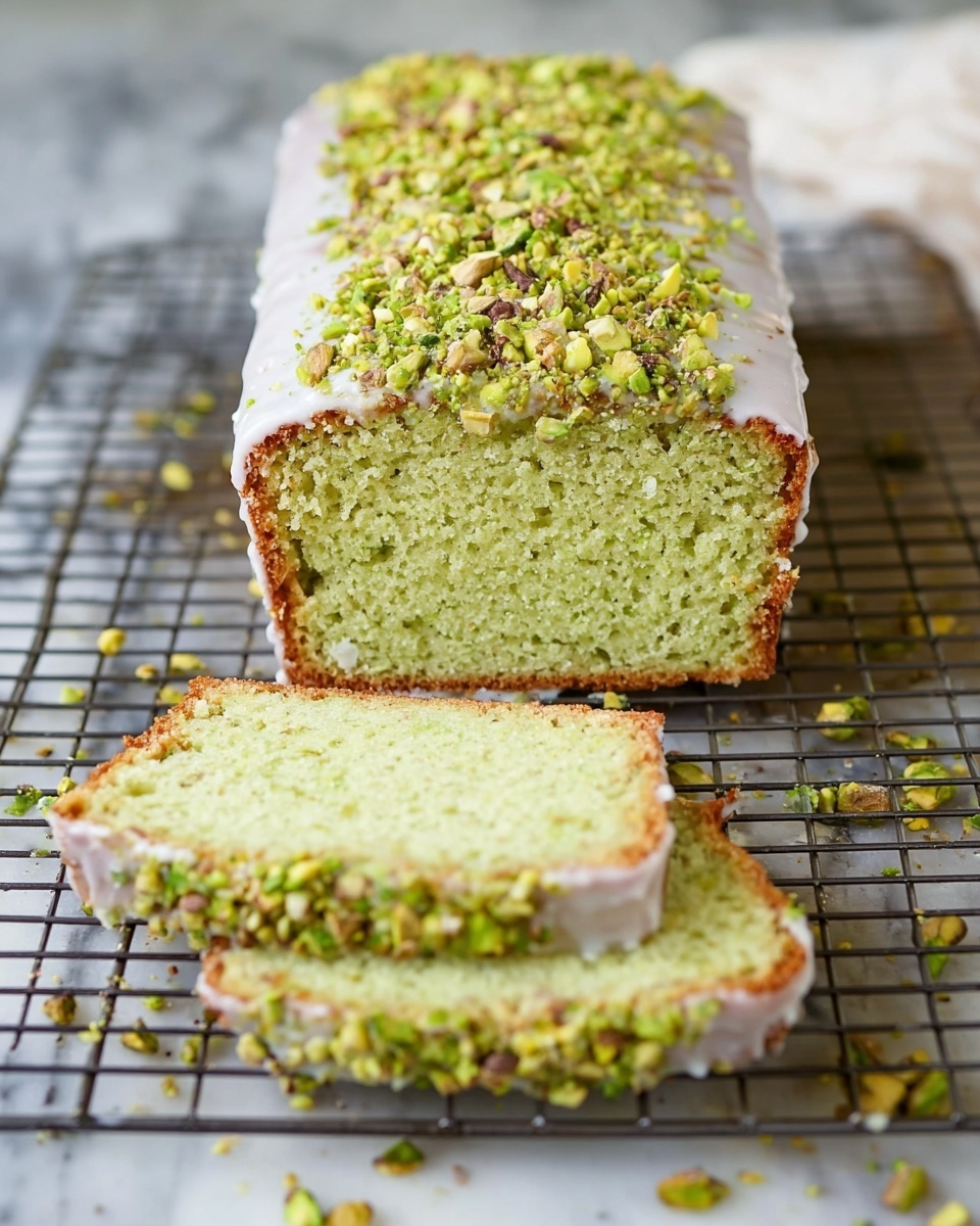 A loaf cake with two visible layers shows a light green, soft, and moist inside texture. The cake's outer layer is coated with a white glaze that covers the whole surface evenly. On top of the glaze, there is a thick layer of crushed pistachio nuts, giving a rough and crunchy texture with green and light brown colors. The two slices are placed in front of the main loaf on a cooling rack, with some pistachio pieces scattered around. The whole scene is set on a white marbled surface. photo taken with an iphone --ar 4:5 --v 7