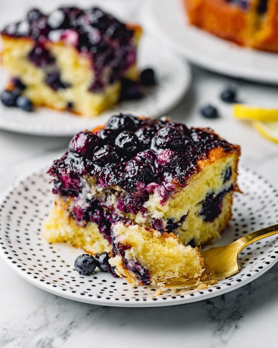 The image shows a close-up view of a slice of blueberry cake on a white plate with small black dots around the edge. The cake has three visible layers: the top layer is a dark purple mix of fresh blueberries, some whole and some slightly mashed, creating a juicy shiny texture. Below it is a golden yellow cake layer with a soft and crumbly texture. On the side of the cake, a golden fork rests partially under the slice, holding a small bite. The background is a white marbled surface with another blurred plate of the same cake visible. The photo is taken with a woman's hand holding the fork. Photo taken with an iphone --ar 4:5 --v 7