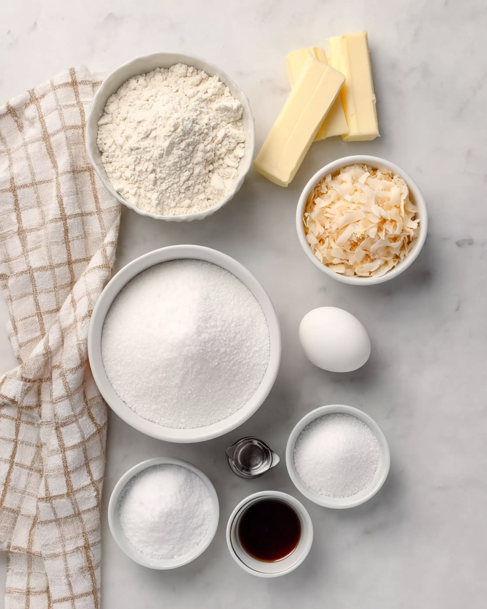 The image shows a white bowl filled with white flour on the top left and a smaller white bowl above it containing toasted coconut flakes. Two sticks of pale yellow butter lie diagonally beside the smaller bowl. Below and to the left is a large white bowl filled with white sugar. Underneath the butter and sugar, there is a single white egg, a small stainless steel measuring cup, and a small black container holding dark vanilla extract. At the bottom center, there are three small white bowls each holding different white substances: one with baking soda, one with baking powder, and one with salt. A beige and white checkered cloth is visible on the bottom left next to the bowls, all placed on a white marbled surface. Photo taken with an iphone --ar 4:5 --v 7