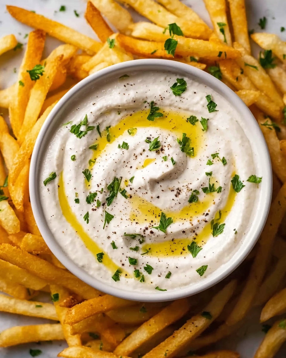 A white bowl filled with smooth, creamy white dip with a swirl texture on top, drizzled with golden olive oil and sprinkled with small green parsley leaves and black pepper. The bowl is placed in the middle of many crispy golden brown fries that have a slightly rough texture, with more green parsley leaves scattered around. All set on a white marbled surface. Photo taken with an iphone --ar 4:5 --v 7