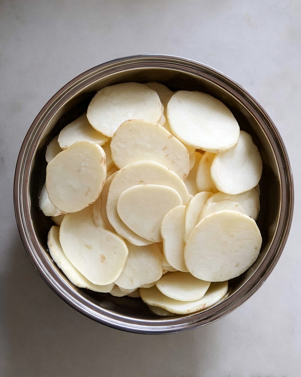 A round silver bowl filled with many light cream slices of potatoes soaked in clear water, showing soft smooth edges and different thicknesses, all stacked loosely inside the bowl which is placed on a white marbled surface photo taken with an iphone --ar 4:5 --v 7