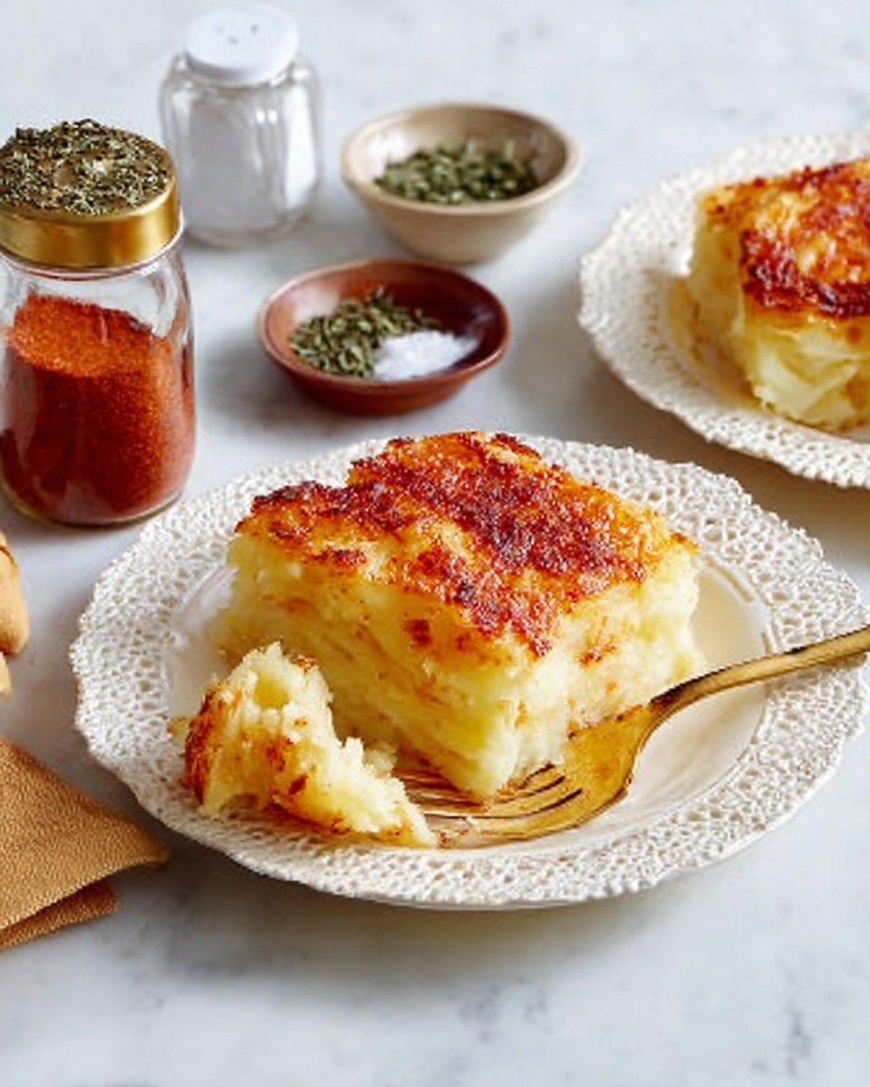 The image shows a white lace-edged plate with two layers of golden brown mashed potatoes stacked neatly, the top layer slightly crispy and browned. The texture of the mashed potatoes looks soft and creamy inside, with some steam rising gently. A golden fork rests partly on the plate, holding a small scoop of the mashed potatoes. Around the plate, there is a jar of paprika, a small bowl with green herbs, and salt and pepper shakers on a white marbled surface. A woman's hand is visible near the plate, lightly touching the edge. photo taken with an iphone --ar 4:5 --v 7
