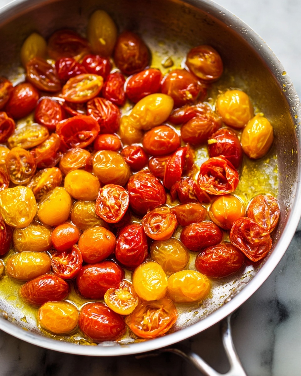 The image shows a silver pan filled with cooked cherry tomatoes, mostly halved, in two colors: bright red and golden yellow. The tomatoes have a shiny, soft texture with some wrinkles, sitting in a light layer of golden oil that covers the pan's bottom. The tomatoes are spread evenly across the pan, with some tomatoes overlapping each other. The pan is placed on a white marbled surface. photo taken with an iphone --ar 4:5 --v 7