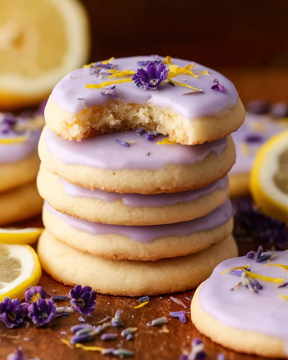 A stack of four round light beige cookies with a smooth pale purple icing layer on top of each cookie. The top cookie has a bite taken out of it, revealing a soft inside texture. Small purple flower petals and thin yellow zest shards decorate the icing on the top cookie and the surrounding cookies. Thin lemon slices and purple flower petals are scattered around the cookies on a wooden surface. Photo taken with an iphone --ar 4:5 --v 7