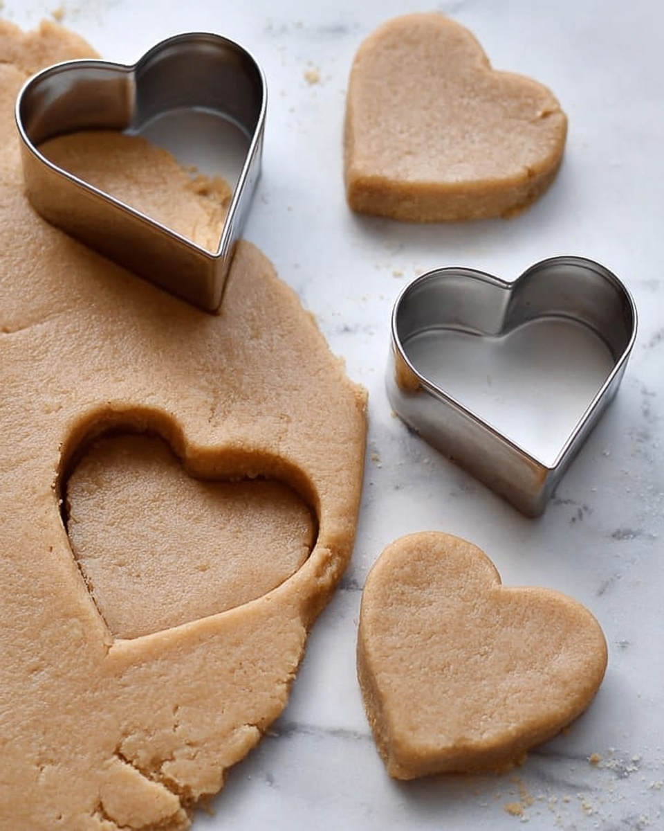 The image shows a white marbled surface with a thick light brown dough rolled out flat. On the dough, there are two silver heart-shaped cookie cutters; one is pressed down partially cutting out a heart shape, while the other is empty but placed nearby. Three heart-shaped dough pieces of the same light brown color and smooth texture are placed on the white marbled surface close to the dough. The dough and hearts have a slightly rough but firm texture. photo taken with an iphone --ar 4:5 --v 7