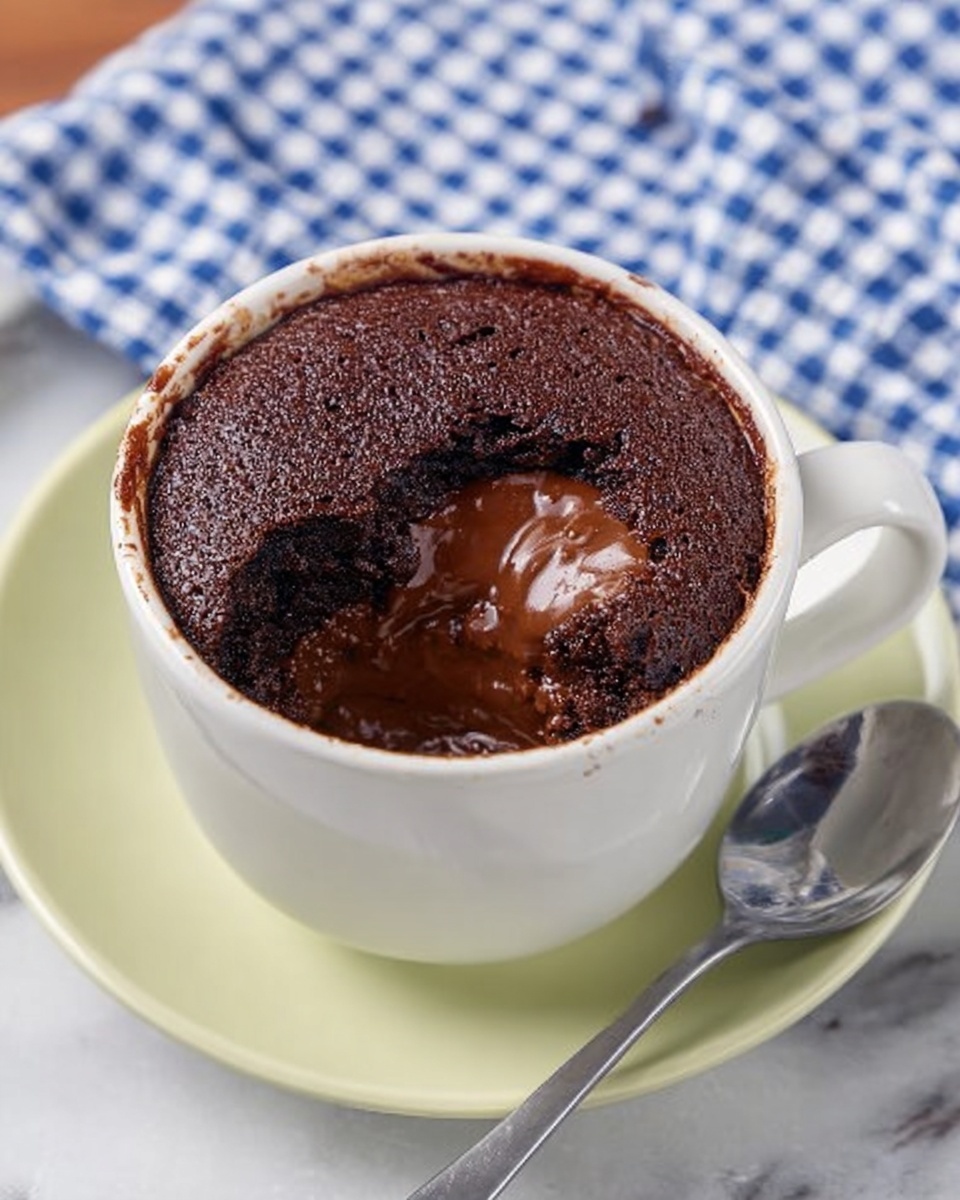 A white cup filled with three layers: the top layer is dark brown and soft with a slightly cracked texture, showing a peek of a smooth, shiny medium brown chocolate layer beneath. The middle layer is creamy and melts gently into the bottom layer, which is also dark brown and moist. The cup sits on a white plate with a shiny surface, and to the right of the cup rests a silver spoon. Behind, a blue and white checkered cloth is partially visible on a white marbled surface. Photo taken with an iphone --ar 4:5 --v 7